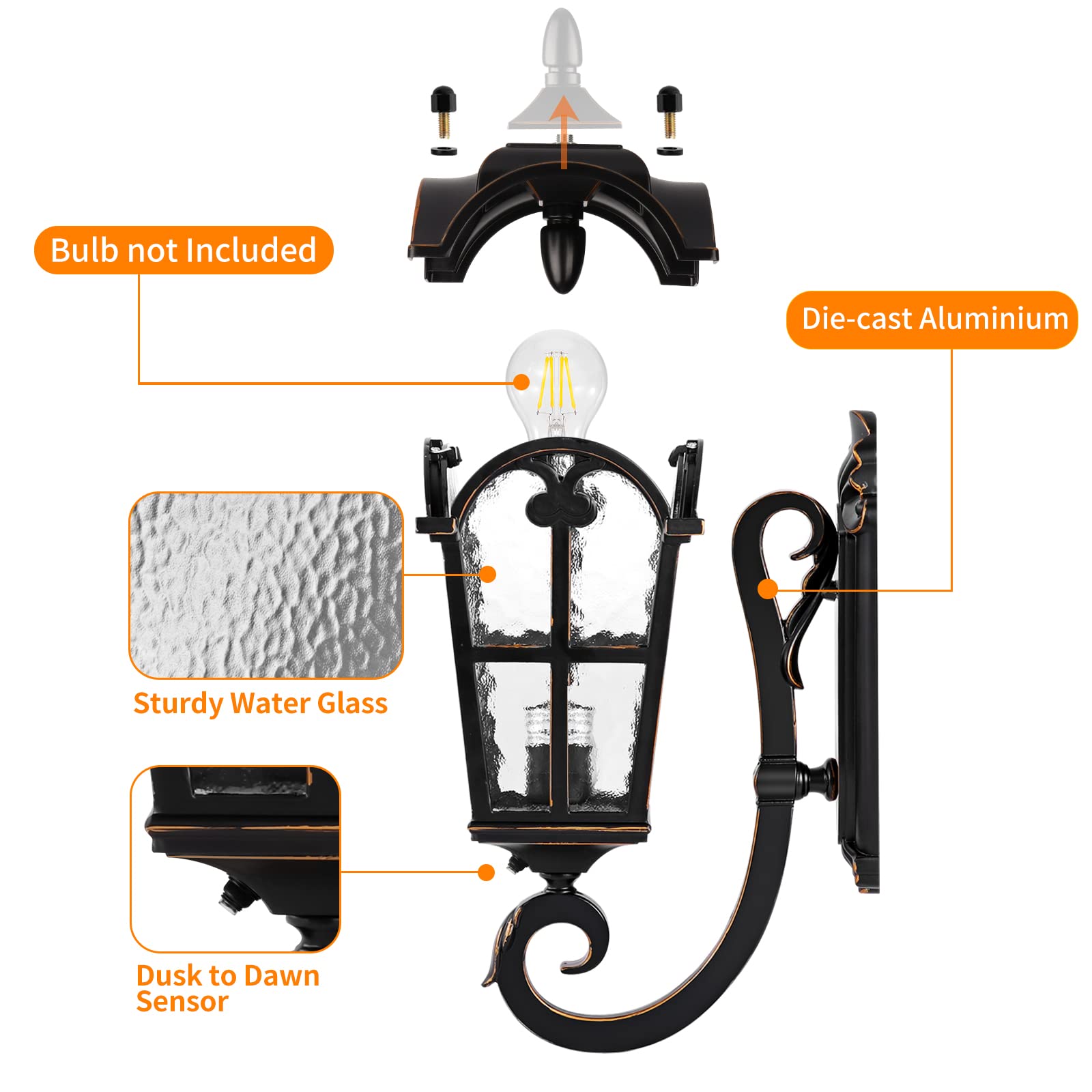PARTPHONER Black Roman Outdoor Wall Light Fixture, 17.7"H Waterproof Sconce with Water Glass, Dusk to Dawn, Sensor - Model PA1143-S