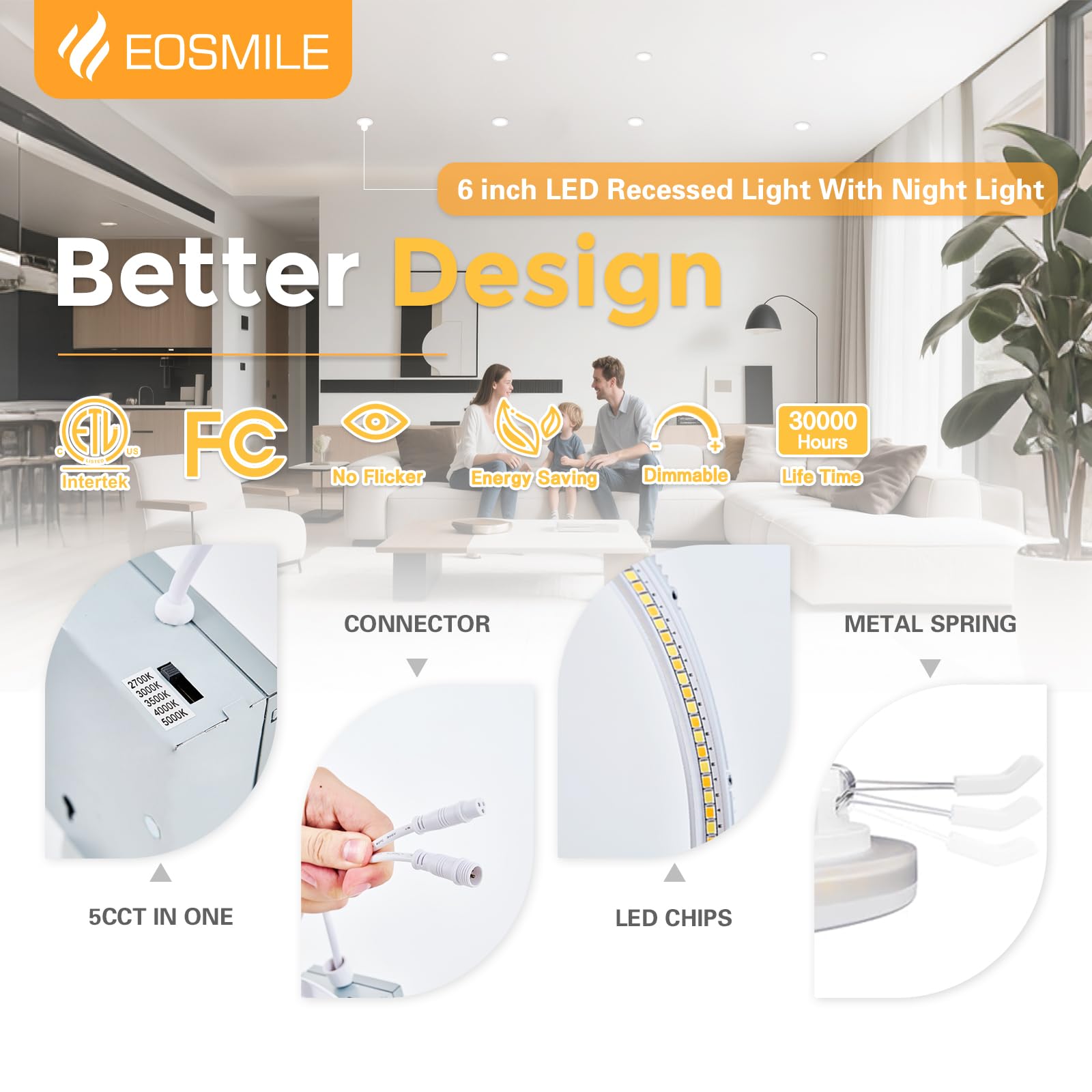 Eosmile 12 Pack White Recessed Lighting 6 Inch With Night Light  Canless Wafer  Dimmable & 5 Color Selectable  12W  120V  1100Lm  Dimmable  Etl Fcc