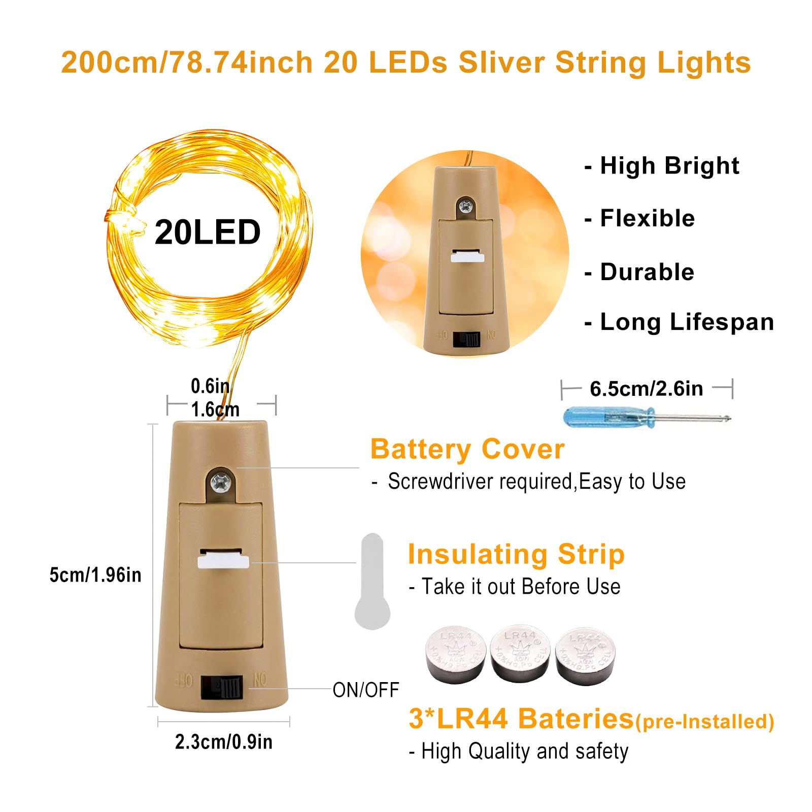 VOOKRY Wine Bottle Lights, 15 Pack, 20 LED, 6.5 ft Mini Copper Wire, Battery Operated, Warm White for DIY, Party, Wedding, Decoration