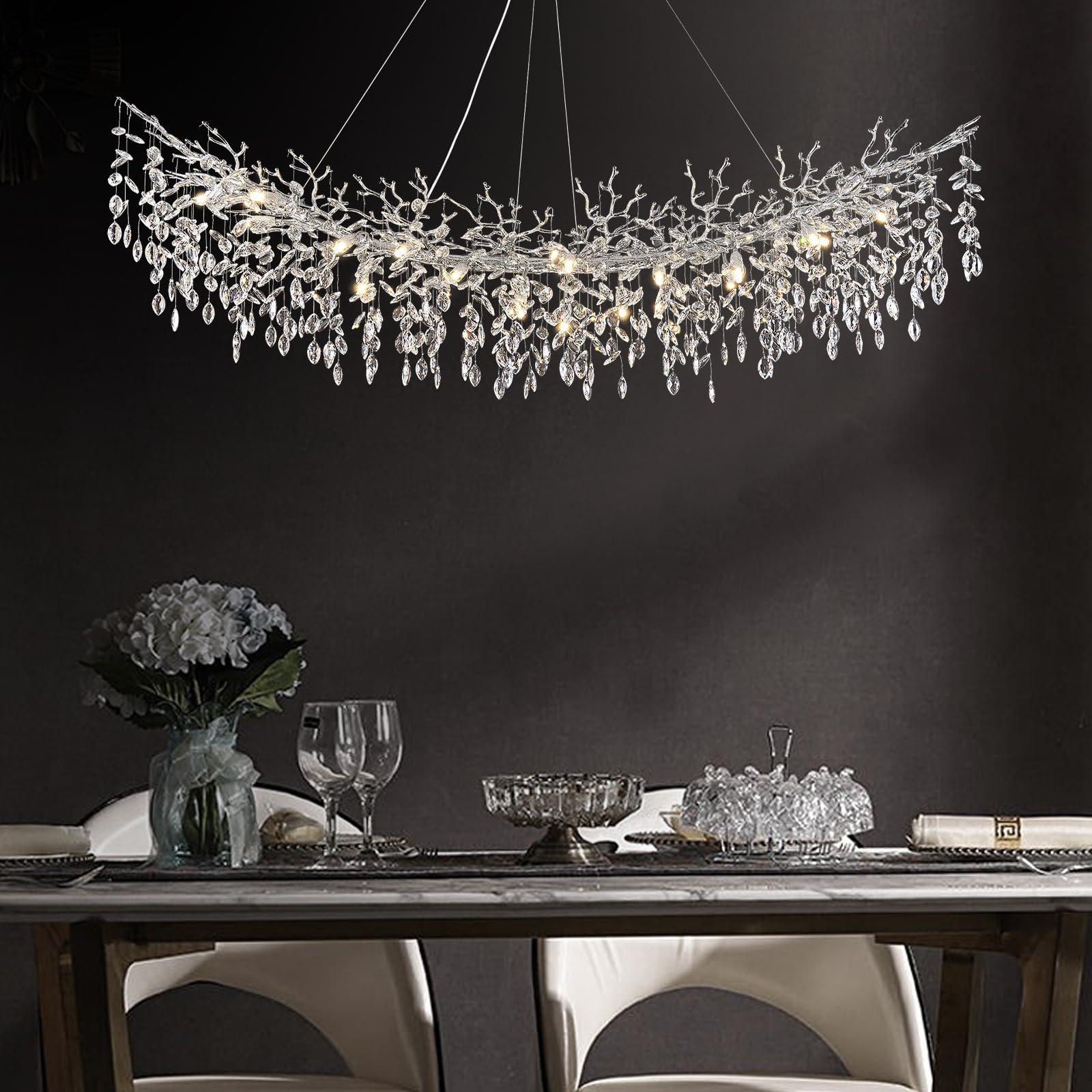 Kvtinmty Modern Crystal Silver Chandelier,72'' Large Rectangular Chandeliers For Dining Room, Tree Branch Crystal Lving Room Cha