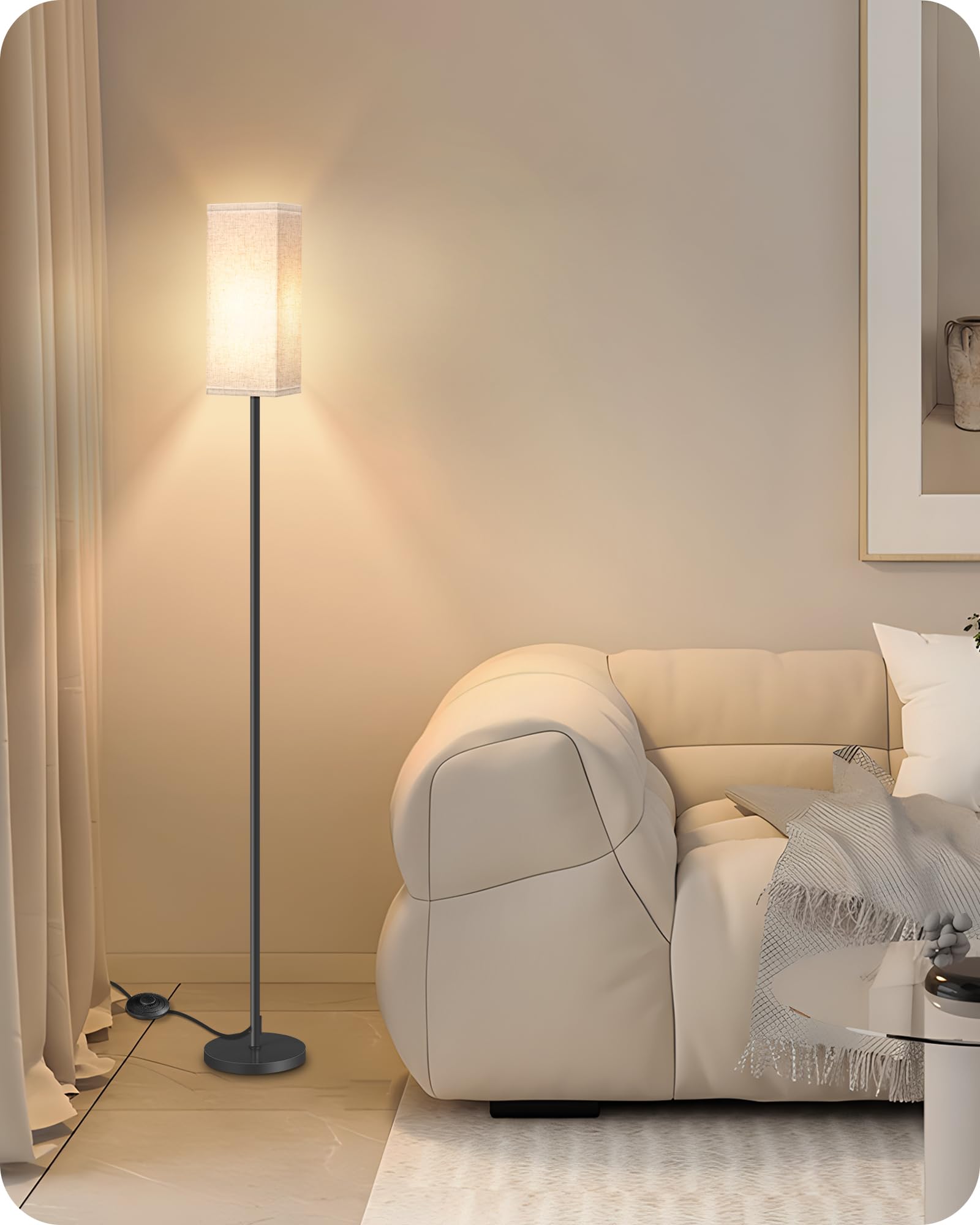 Goebleson Modern Floor Lamp With Foot Switch, Minimalist Black & Beige Design For Living Room & Office
