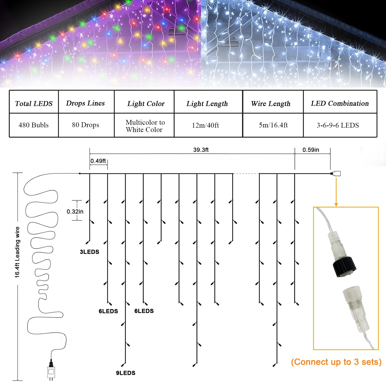 Cold White To Multicolor Color Changing Icicle Christmas Light With Remote, 480 Led 39.3Ft Christmas String Lights Outdoor Water