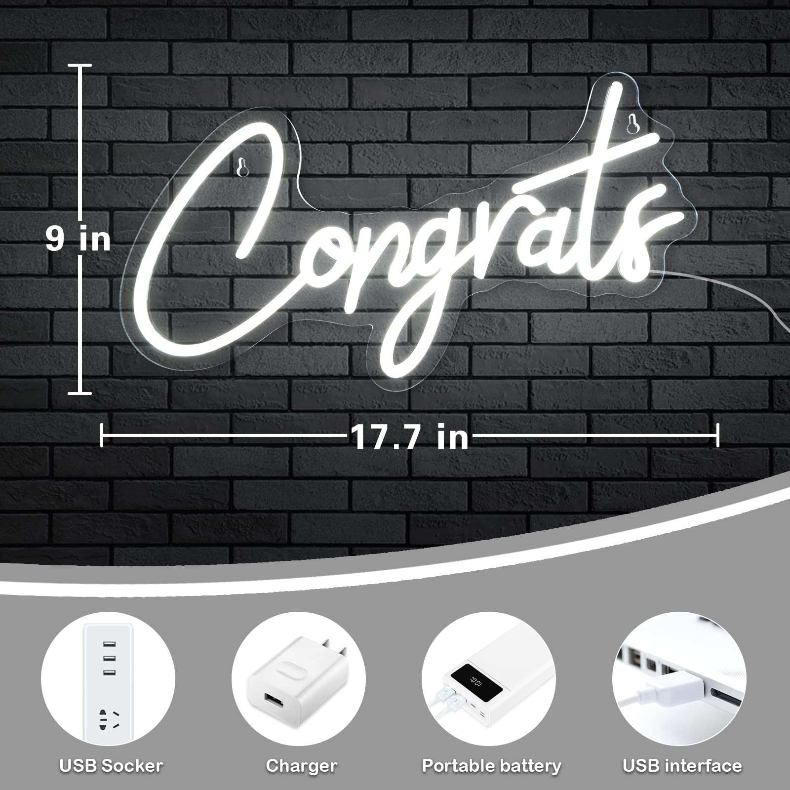 Imegina Dimmable White Congrats Neon Sign - 17.7X9 Inch Led Wall Decor For Graduation Party