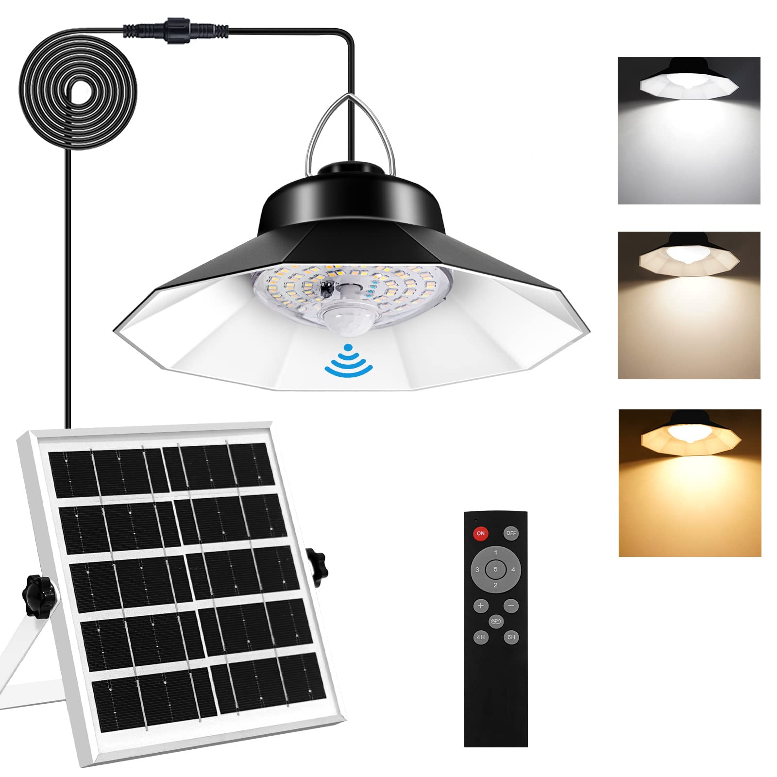 Aqonsie Solar Shed Light - 1200LM Indoor Outdoor Pendant with 3 Color Temperatures & 5 Modes, Black, Model L-0004
