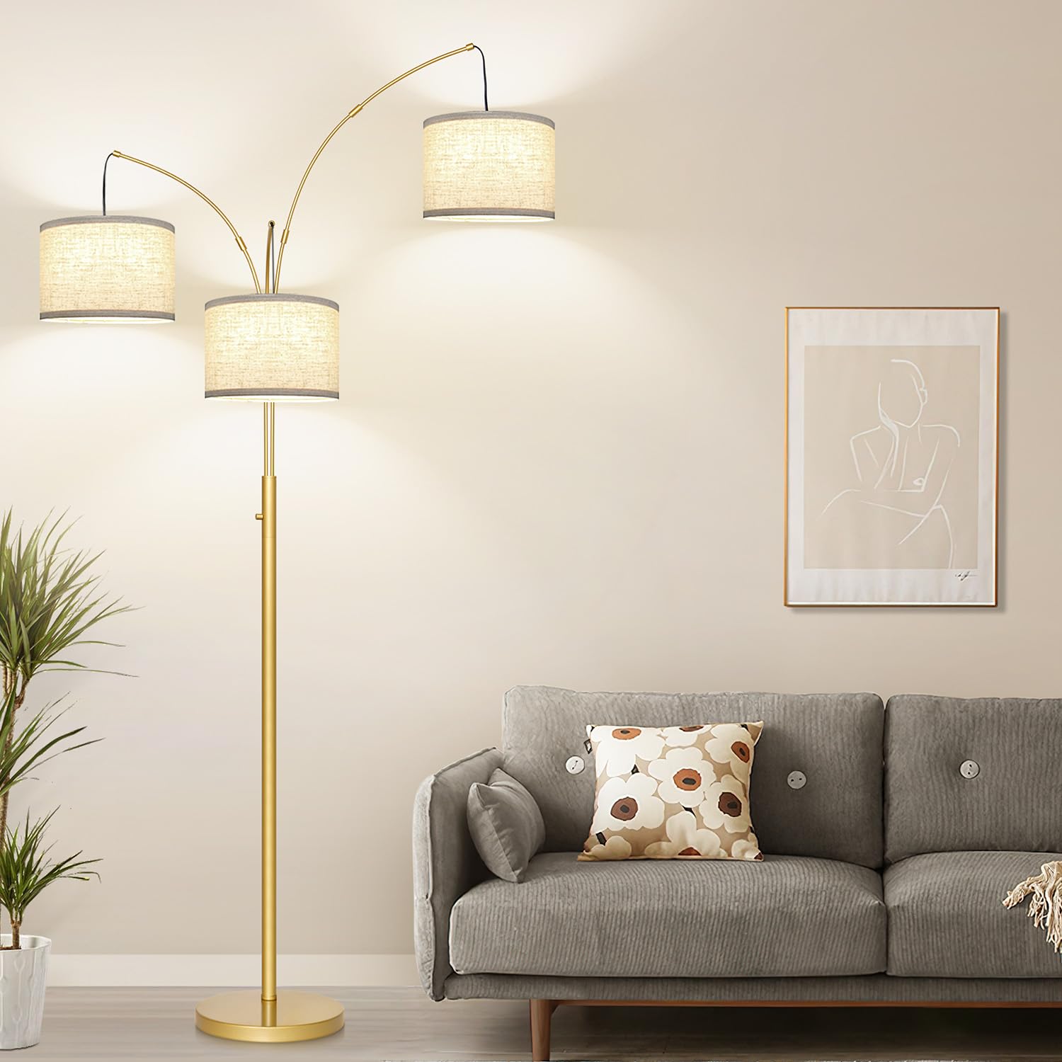 Dimmable Gold Floor Lamp, 3 Lights Arc Floor Lamps for Living Room, Modern Tall Standing Tree Lamp with White Shade & Heavy Base