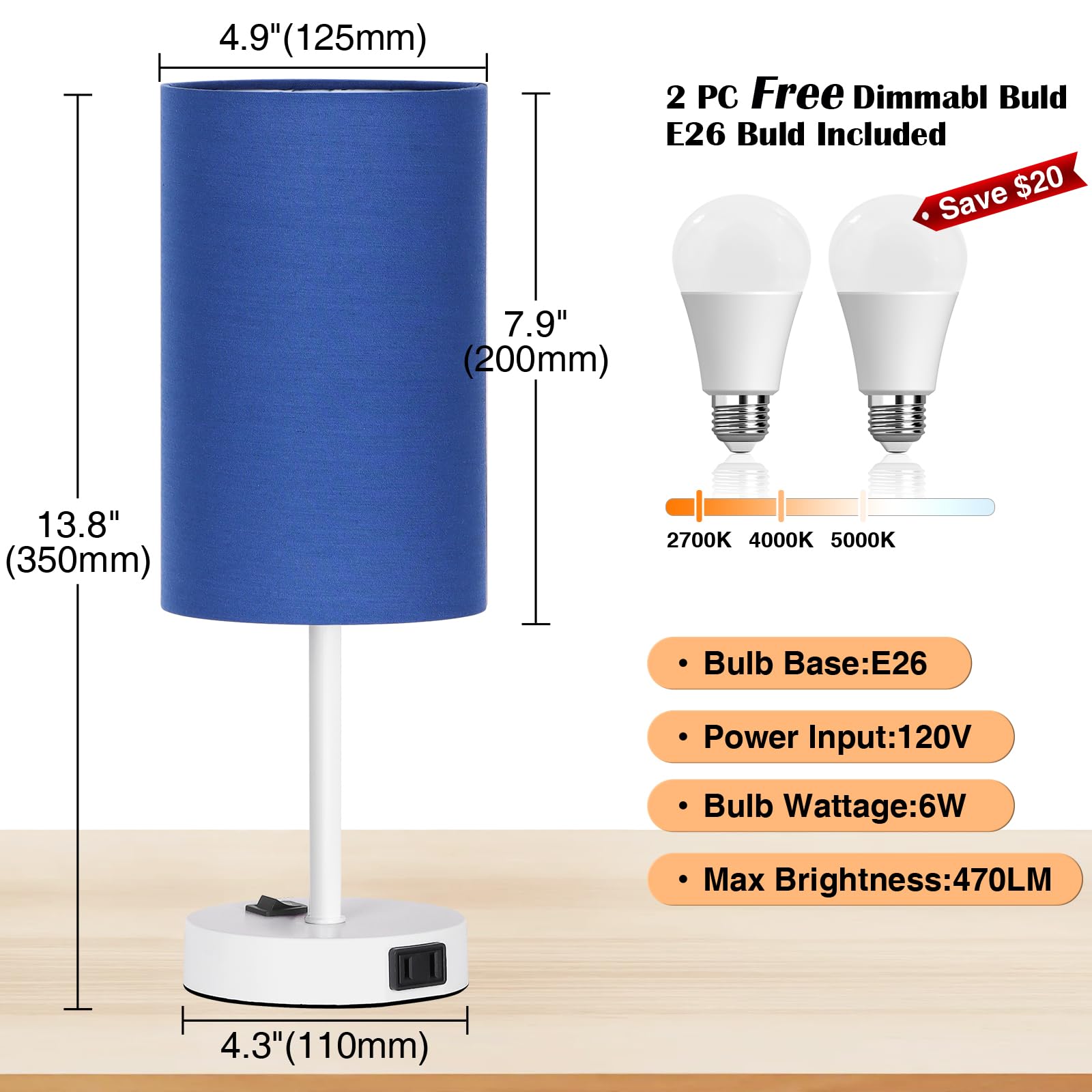 Zjojo Table Lamp For Bedroom Set Of 2, Bedside Small Lamps With 3 Way Dimmable Rocker Switch And Ac Outlet, Nightstand Desk Lamp