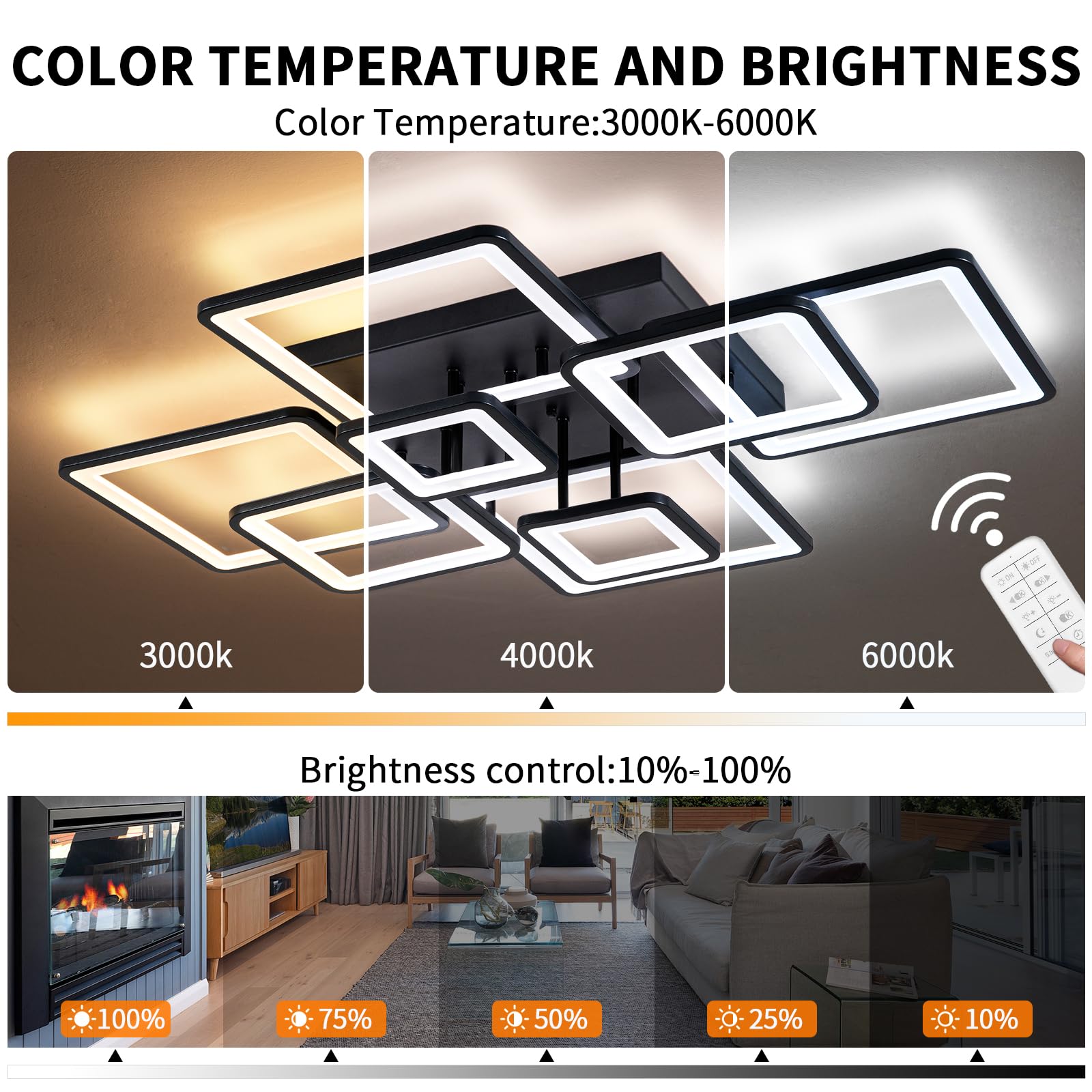 Shine Luest Modern Led Ceiling Light, Dimmable Led Chandelier Black Flush Mount Ceiling Lights, Remote Control Acrylic Ring Ceil