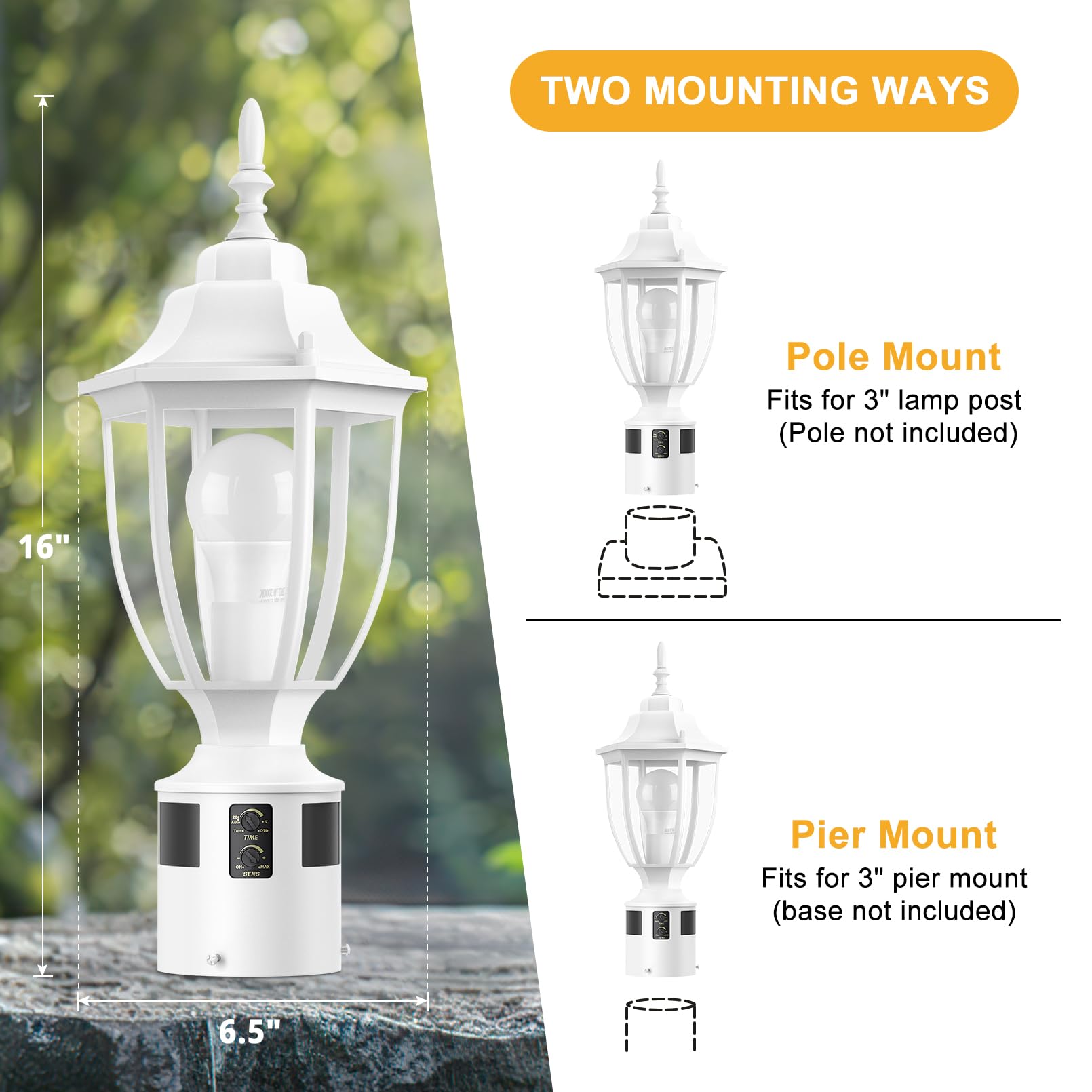 Lamomo Motion Sensor Outdoor Post Light - Waterproof Aluminum Lantern, Dusk to Dawn, White, 1 Pack for Yard, Patio, Garden
