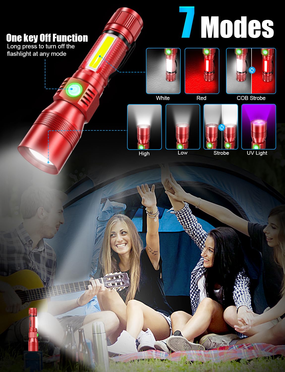 Vnina UV Rechargeable Flashlight, 1000 Lumens, 2 Pack, 5.71 IN, Red, Magnetic Base, Sidelight, Zoomable