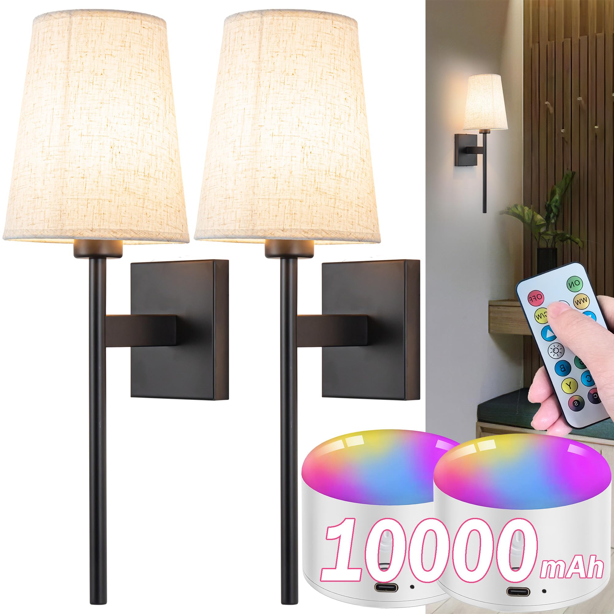 YHCDLAMP Battery Operated Wall Sconce Set of Two, Wireless with Remote Control, Dimmable, Black, Model 87b7ffdf-dfb9-47d2-a