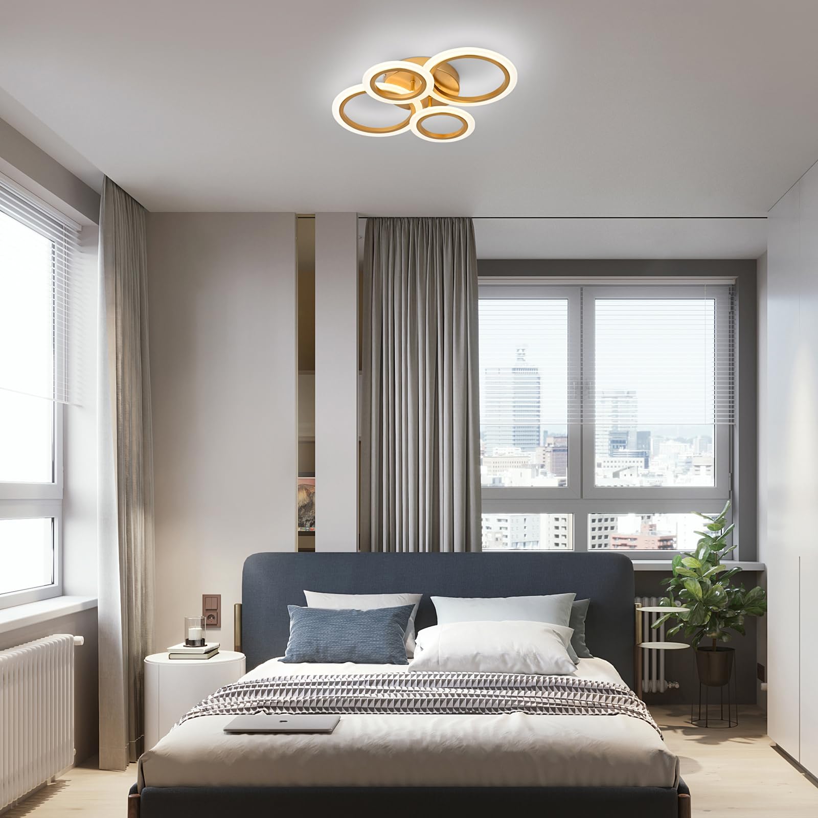Vikaey Modern Led Flush Mount Ceiling Light, 4 Rings Gold Close To Ceiling Light, Lighting Fixture Ceiling Lamp For Kitchen, Living Room, Bedroom, Laundry Room, 4000K Not Dimmable