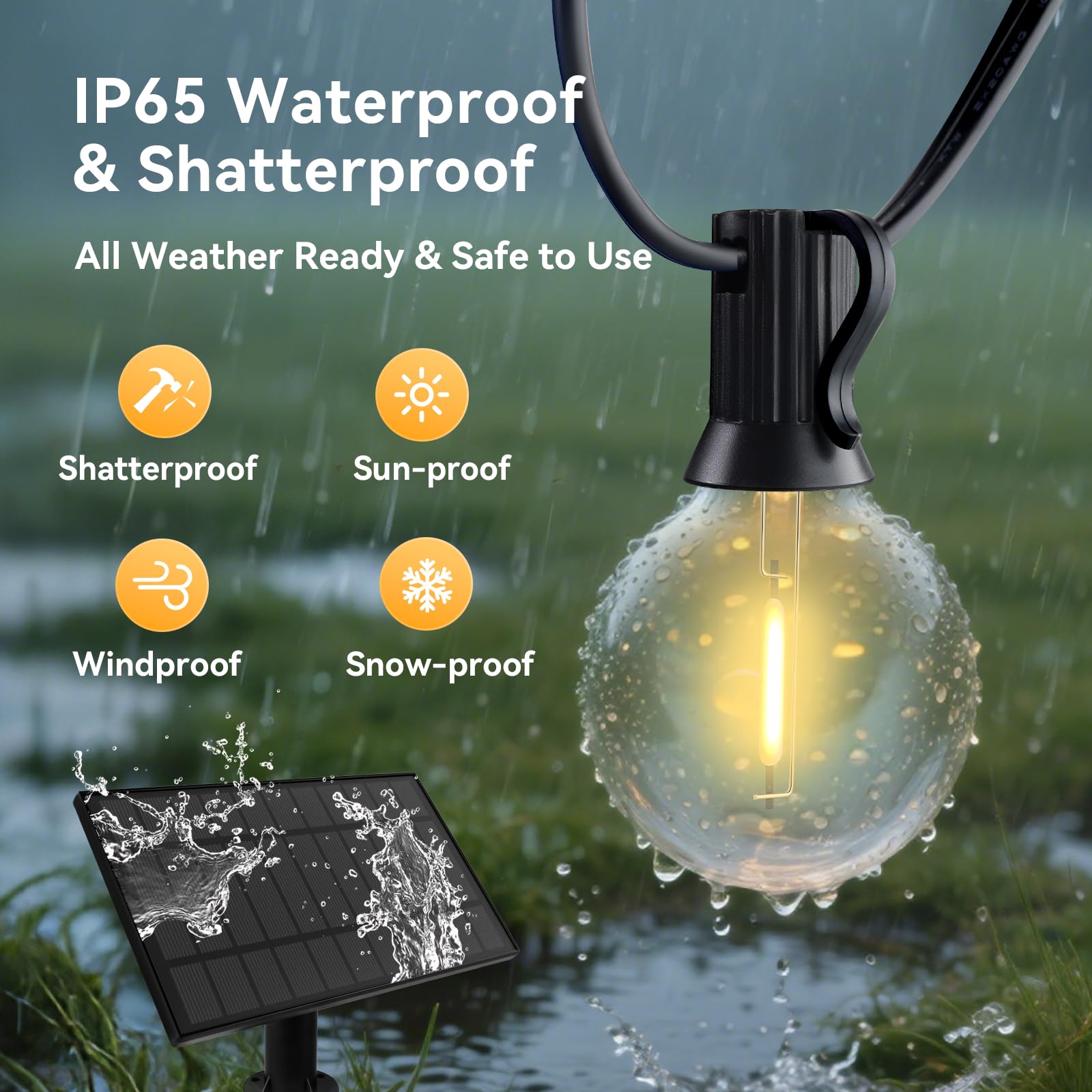 HJQ Solar String Lights, 60FT, Waterproof, 20+1 LED Bulbs, Remote & USB Port, Dimmable, Black, Model GY-G-C20