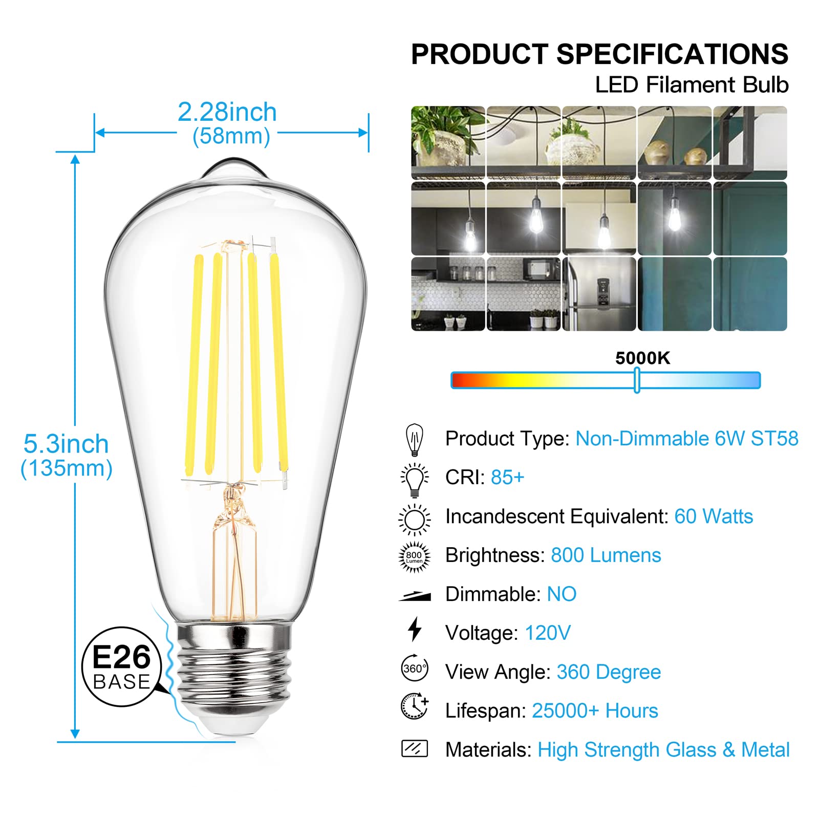 Maxvolador Vintage Led Edison Bulb 60W Equivalent 800Lm, 6W St58 Led Filament Light Bulb, Daylight White 5000K, E26 Base, Non-Di