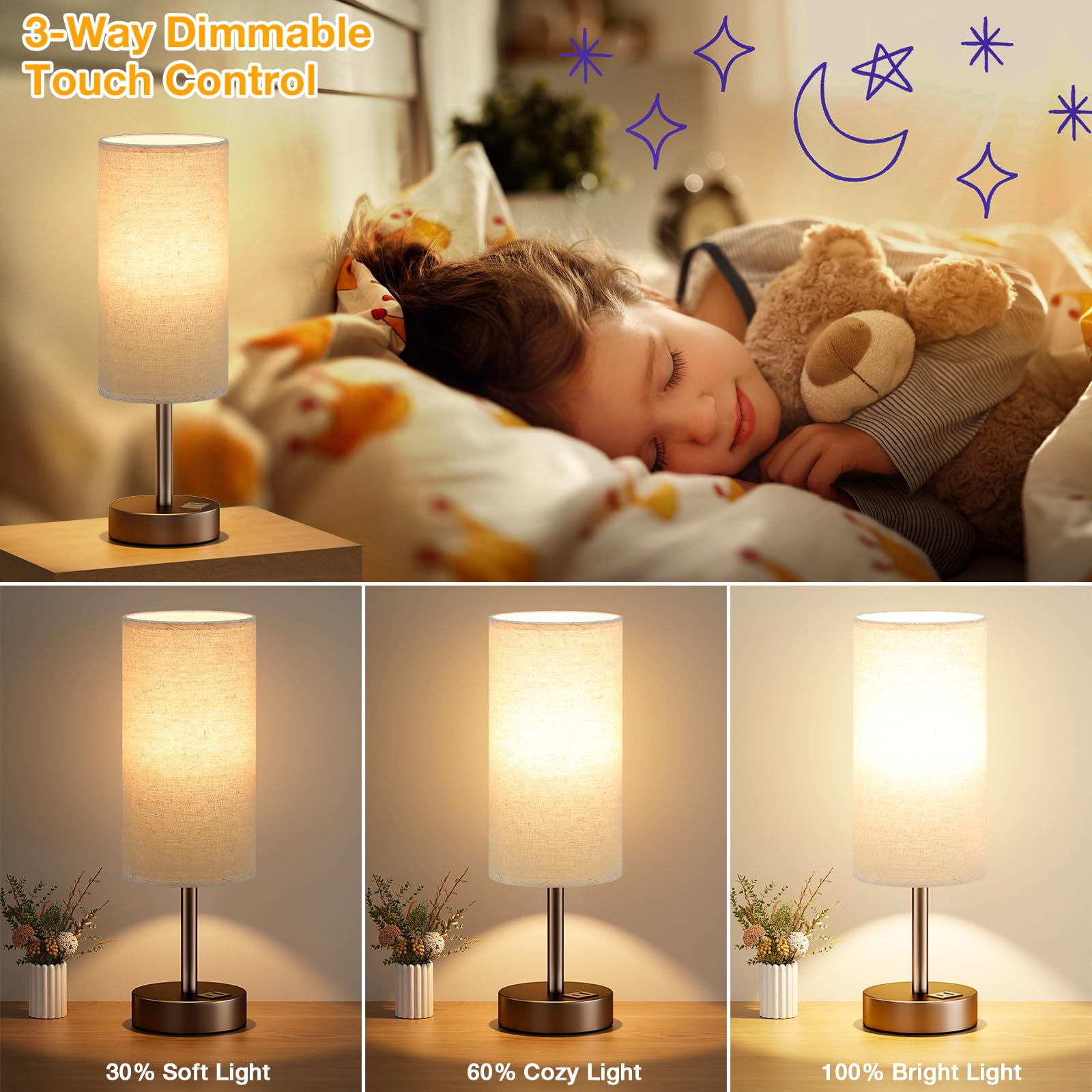 Beige Touch Table Lamp For Bedroom - 3 Way Dimmable Bedside Lamp With Usb, Nightstand Lamp With Brown Charging Station For Desk,