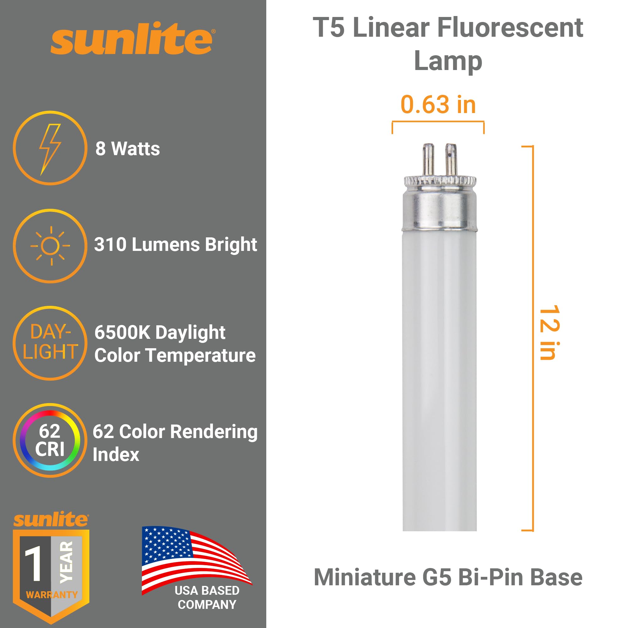 Sunlite T5 Linear Fluorescent Lamp 8W 310 Lumens 6500K Daylight Mini G5 Bi-Pin Base 10 Pack
