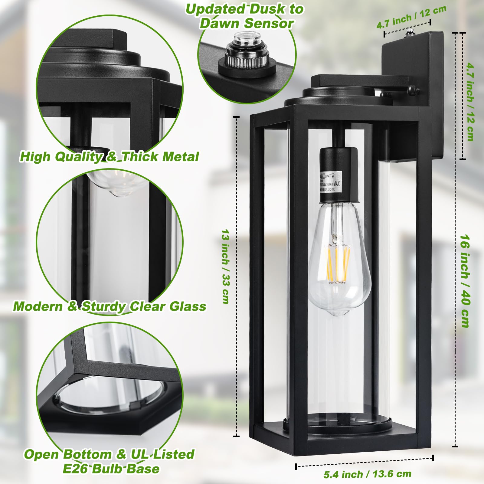 FILIYANO Dusk to Dawn Outdoor Wall Light Fixtures - 2 Pack Waterproof Matte Black Porch Sconces, Model B05054PP