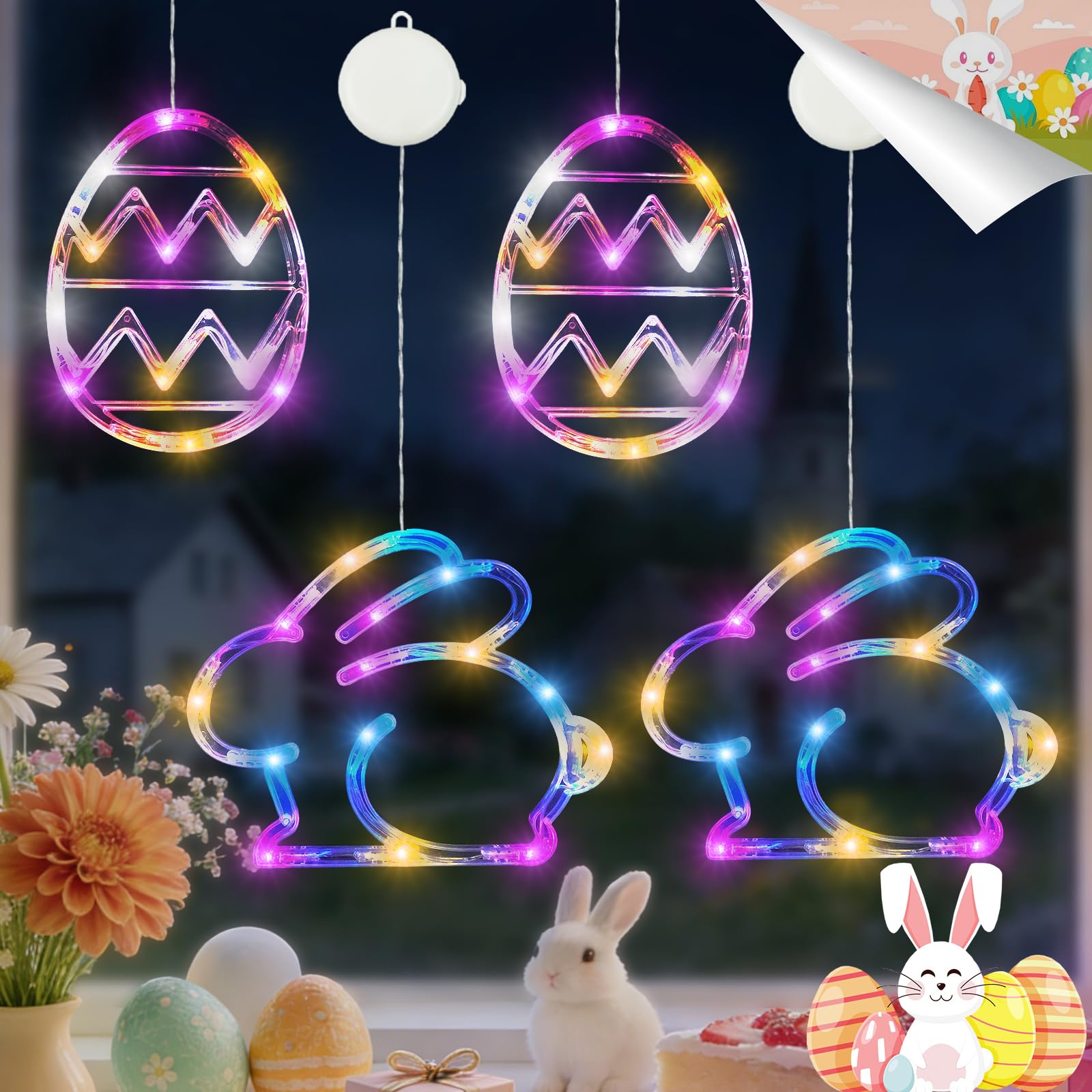 BHCLIGHT 4 Pack Easter Window Lights  Multicolor Bunny and Egg Lights  Battery Operated Easter Window Decorations Light up with Suction Cup and Timer Function for Indoor Window Glass Wall Party Decor