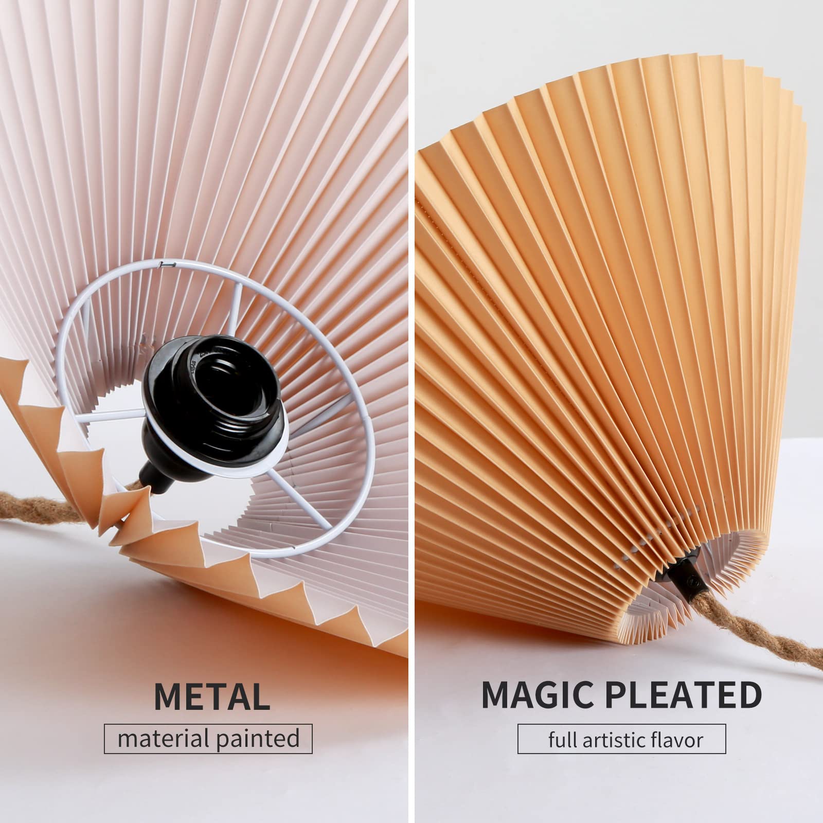 Aomicron Plug In Pendant Light,Hanging Light With15Ft Hemp Rope Cord On/Off Switch And Pleated Lamp Shade,Hanging Light Fixture