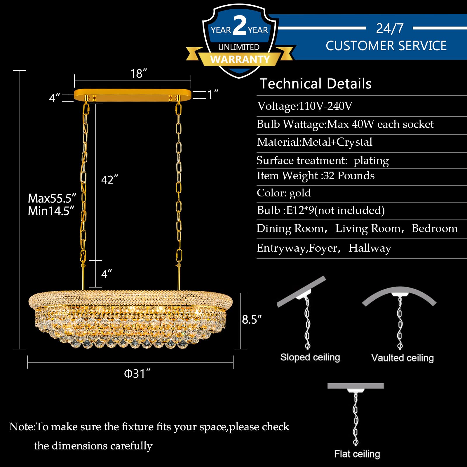 Gifarich 9-Light Crystal Chandelier, Gold Modern Lighting Fixture for Dining Room, L31" Empire Style, Model 8846-9S