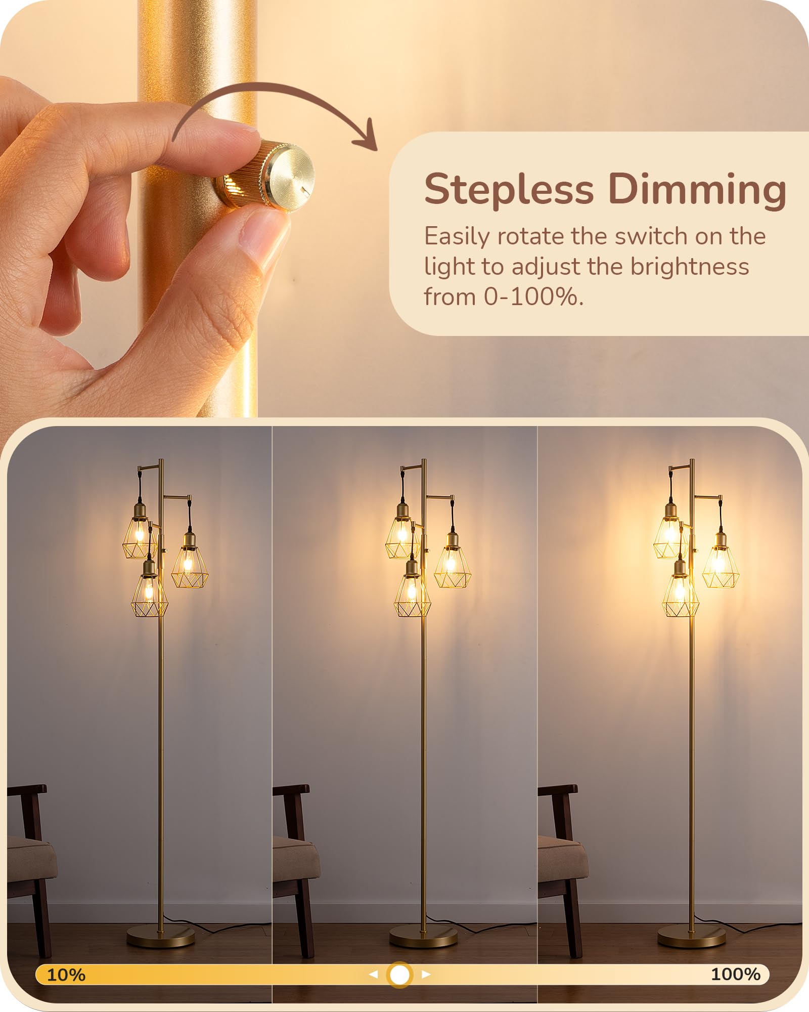 EDISHINE 70in  Dimmable Industrial Floor Lamp, Gold Metal, 3 LED Edison Bulbs, Model HLFL03L