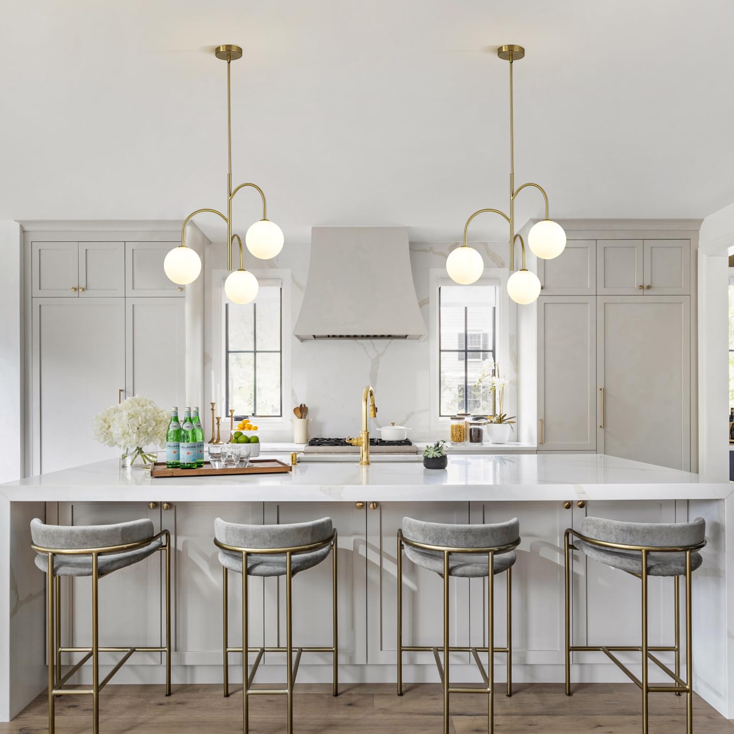 Flyrose Mid Century Modern 3-Light Milk Glass Globe Chandelier Brass Gold Pendant Light Fixture Industrial Iron Ceiling Light Fi
