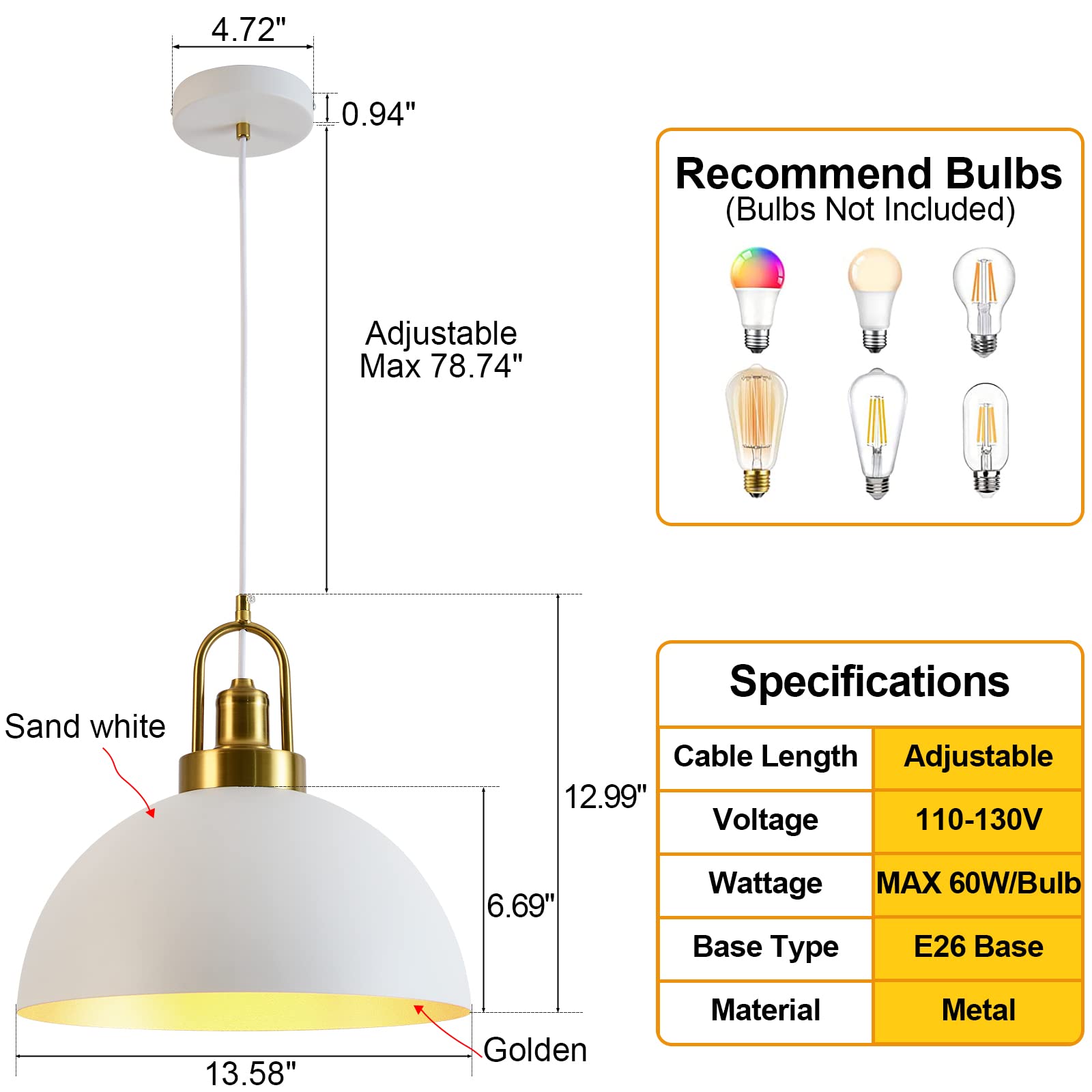 Vintage Industrial Pendant Light - 13.58'' Rustic White And Gold Farmhouse Dome Pendant Lighting, 78.74'' Length, For Kitchen, D