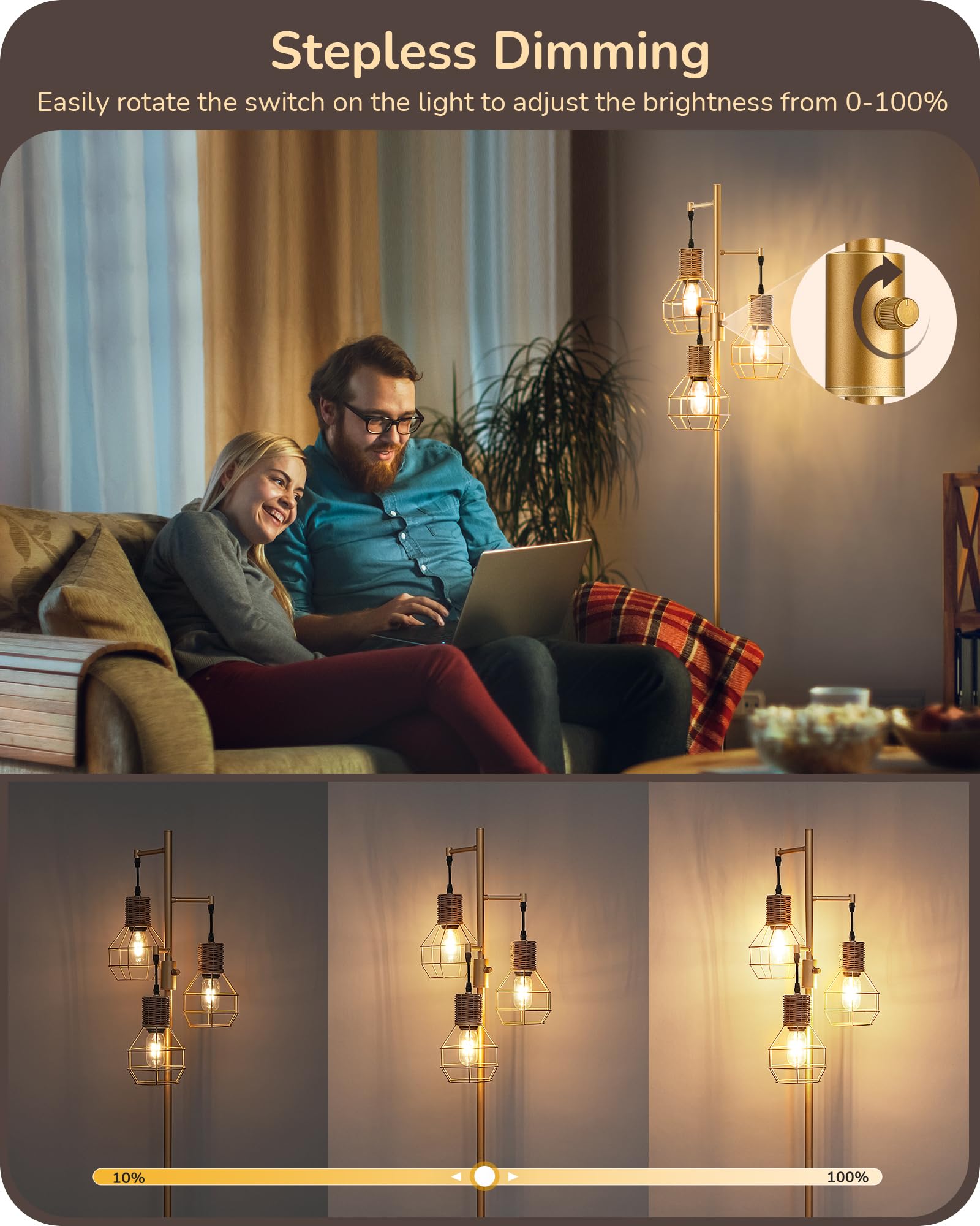 Edishine Dimmable Farmhouse Floor Lamp For Living Room, Industrial Standing Lamp With 3 Led Edison Bulbs, Corner Rustic Rattan T