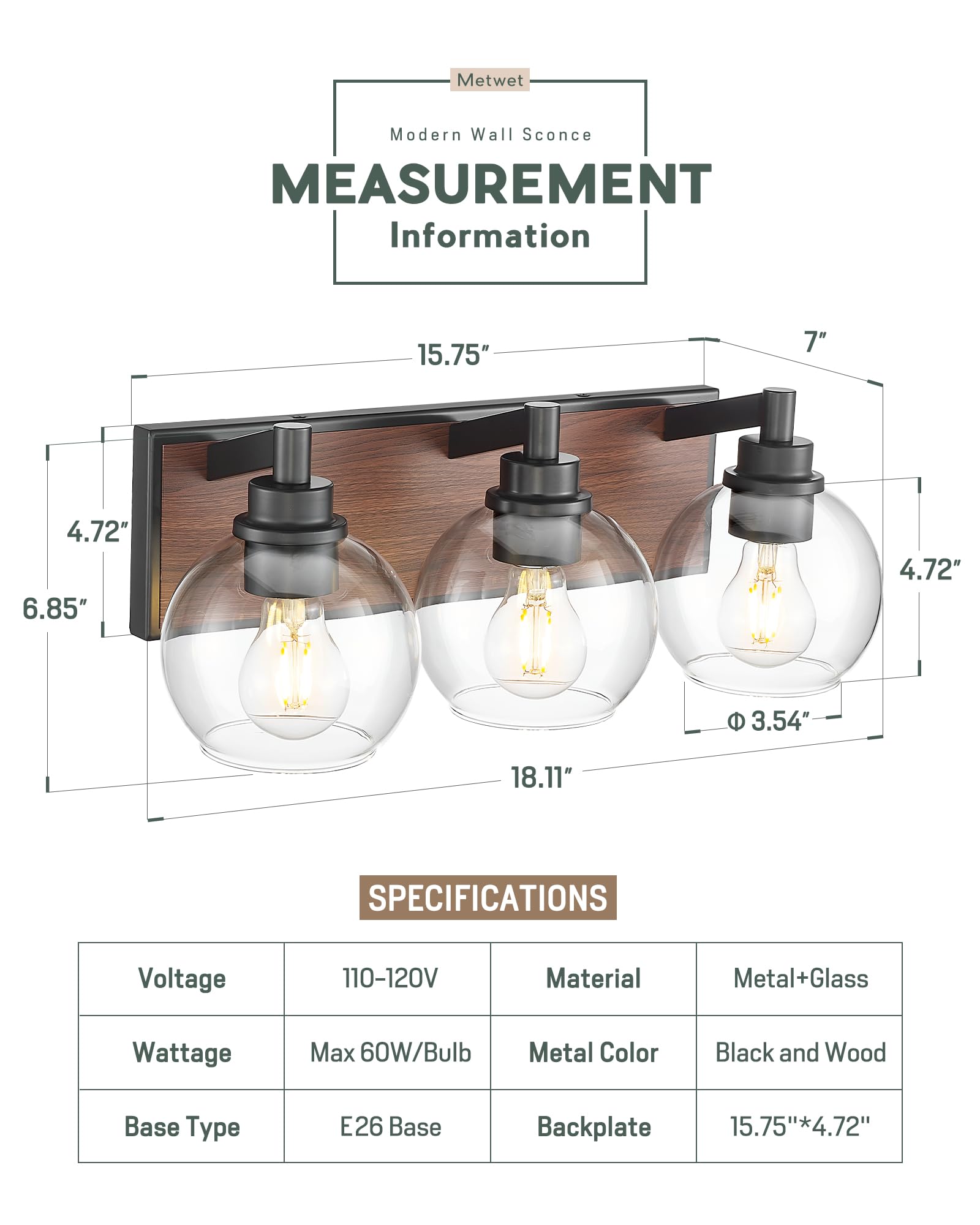 Metwet Bathroom Light Fixtures, 3-Light Black And Faux-Wood Finish Bathroom Vanity Light, Farmhouse Wall Sconces With Globe Clea