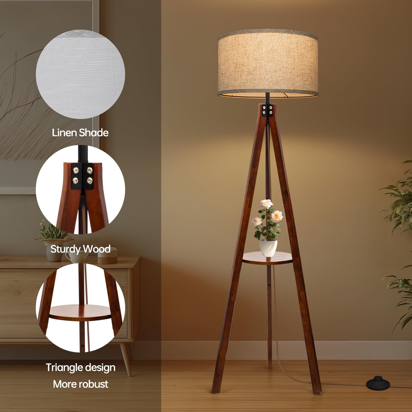 Eoeyyoyb Floor Lamps With Shelf, Modern Standing Lamp With 3 Color Temperature Led Bulb, Tall Lamps With Foot Switch For Living