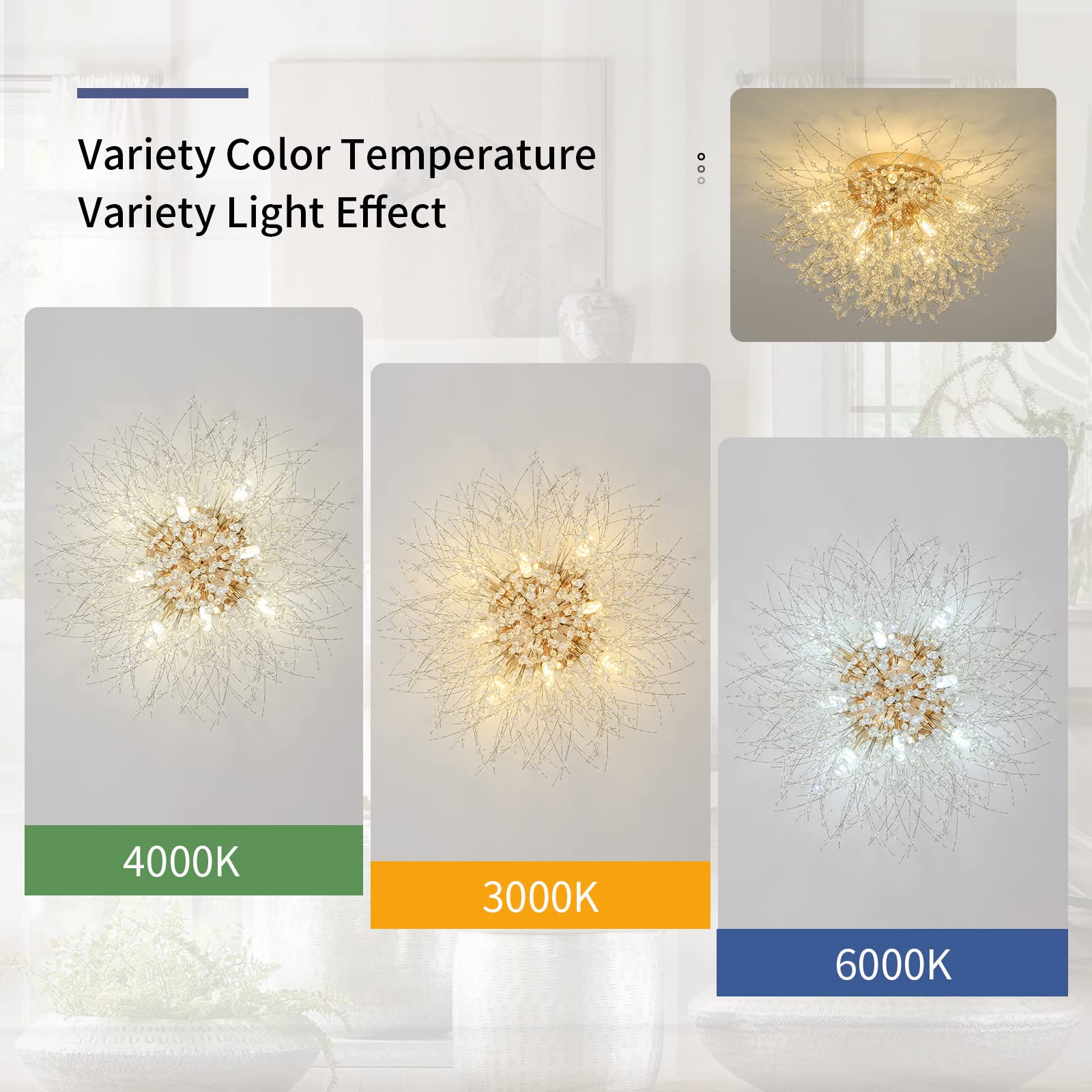 Sputnik Flush Mount Ceiling Light Fixtures, Modern Gold Crystal Firework Chandelier, 8-Light Close To Ceiling Lighting Fixtures For Bedroom Kitchen Hallway Entryway(H11.8'' X W21.5'')