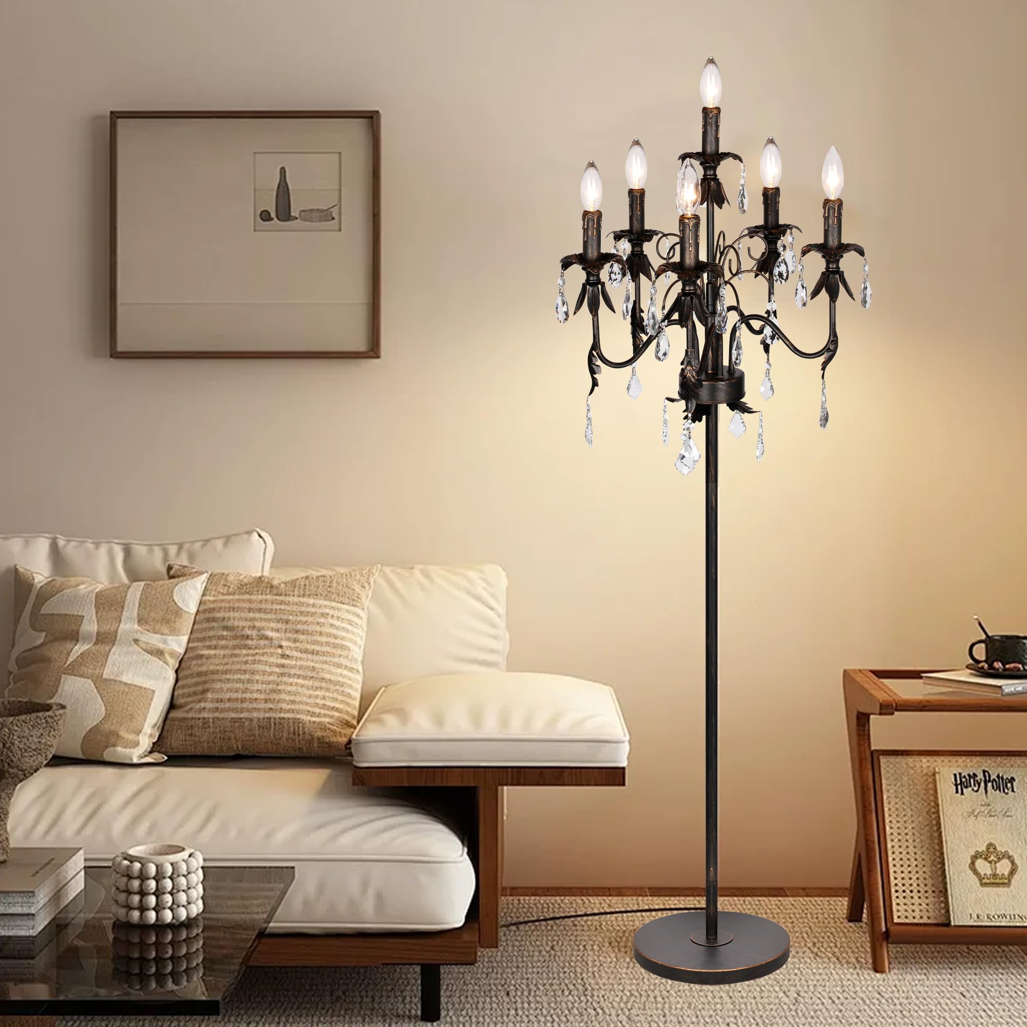 Obihivlo 6-Light Black & Gold Crystal Floor Lamp, 65 Antique Chandelier Floor Lamp with Foot Switch, Candelabra Lamp for Living 