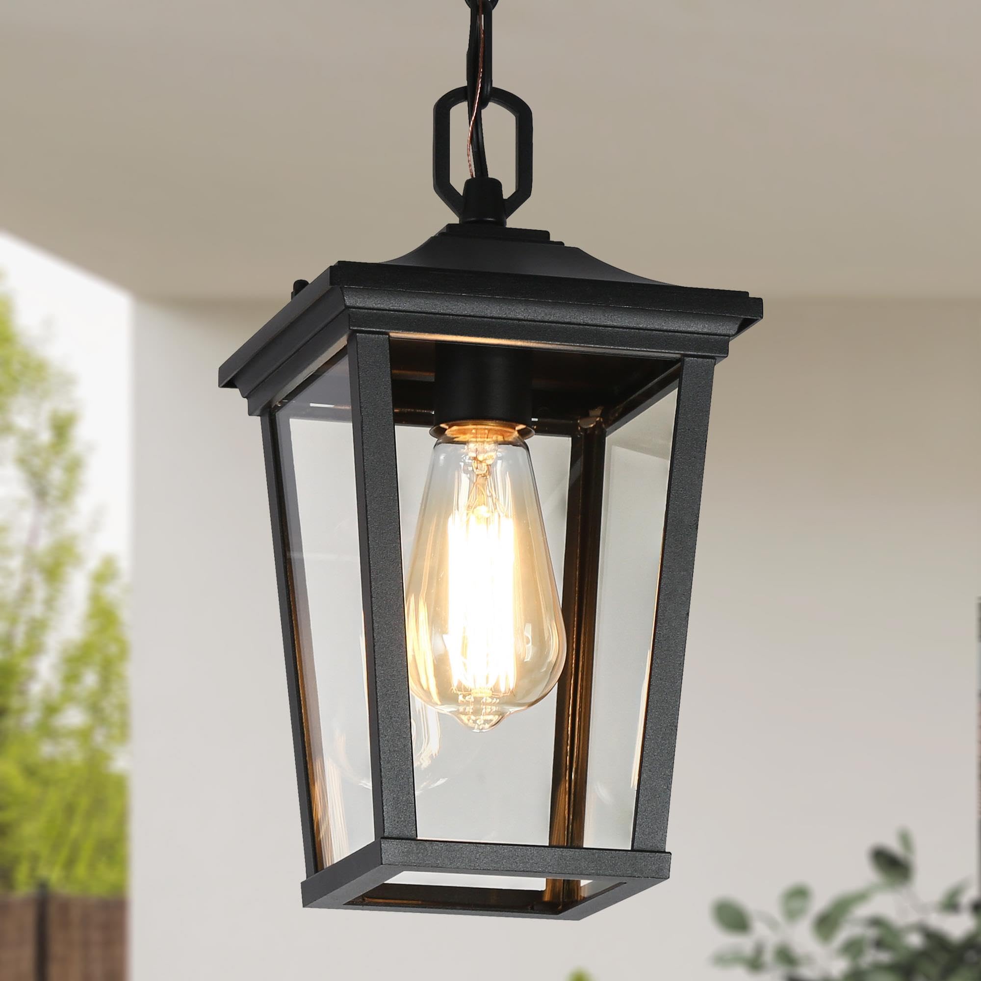 Gepow Outdoor Pendant Light, Black Anti-Rust Hanging Lantern With Adjustable Chain, Clear Glass