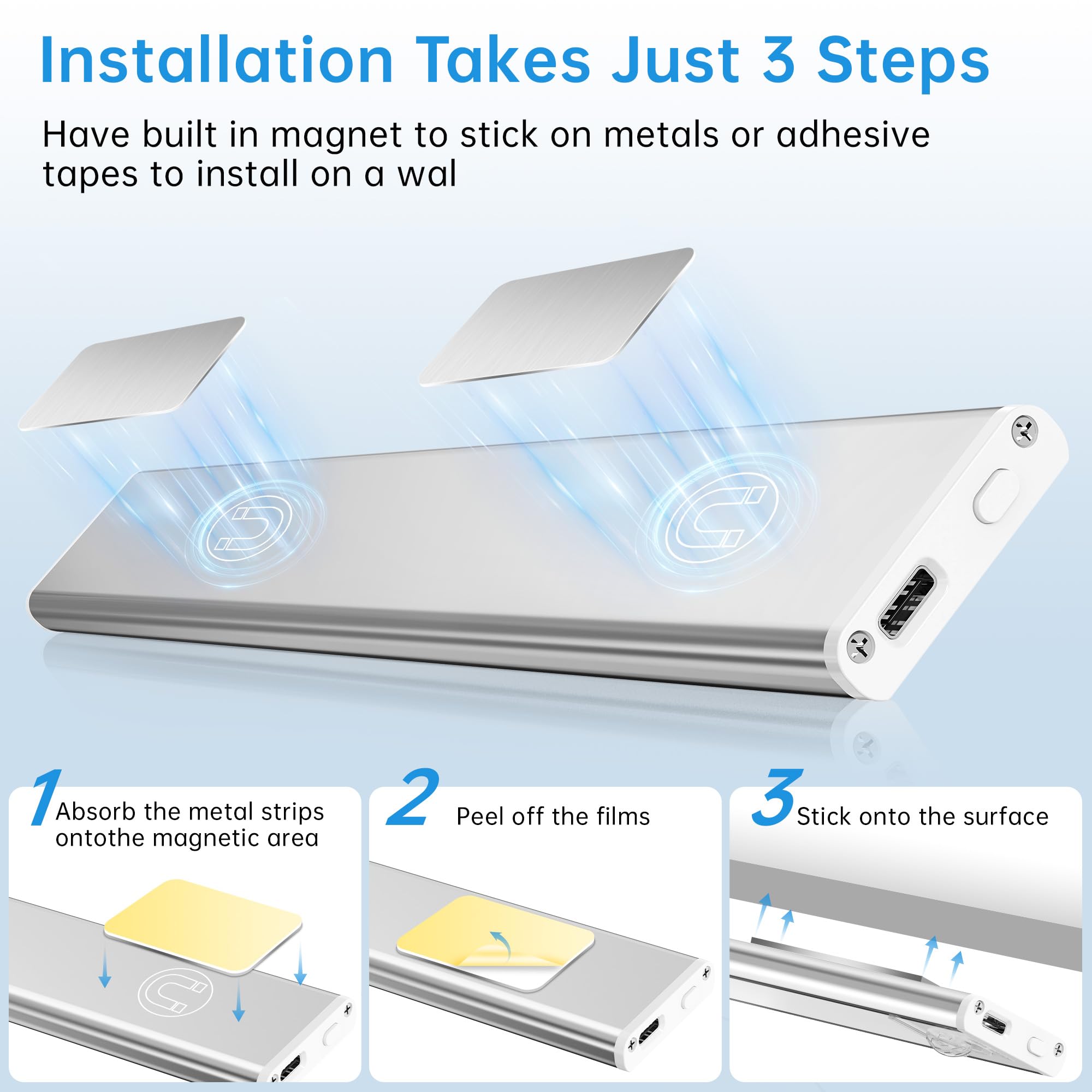 Pzsunly Under Cabinet Lighting 74 Led 2200Mah Rechargeable Motion Sensor Light 3 Colors Dimmable Magnetic Closet Lights Indoor Night Lights For Kitchen Bedroom Stairs 5 Pack