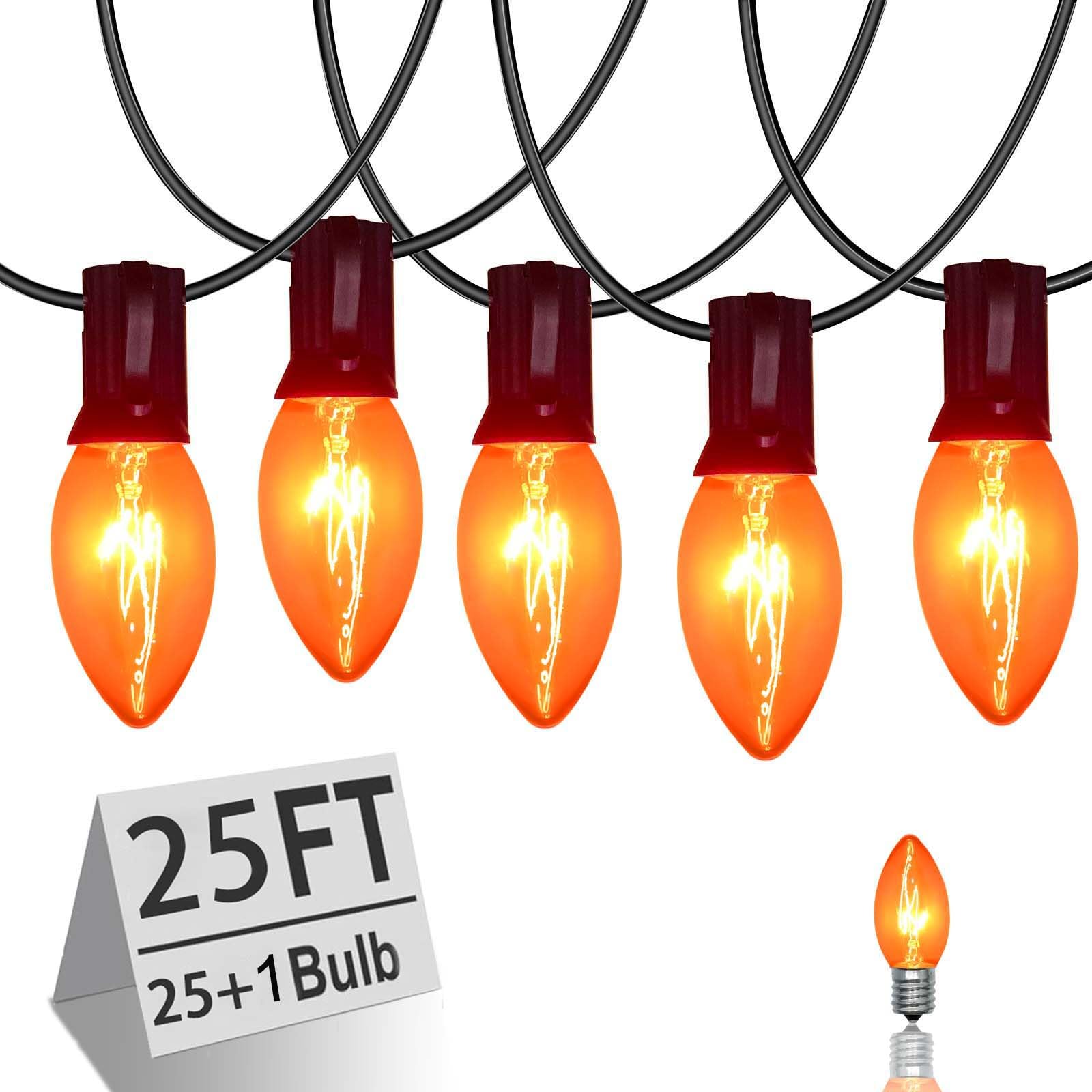 Romasaty C9 String Lights, 25FT Clear Orange Halloween Lights, 27 Bulbs, Glass, Black Wire