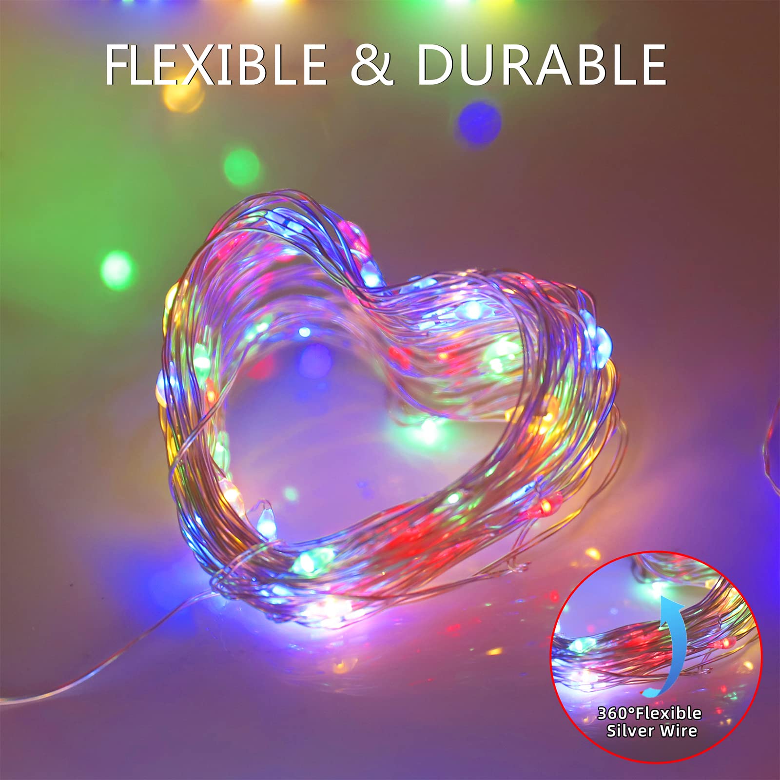 YAOZHOU Solar Christmas String Lights 100 LED Waterproof 8 Modes Copper Multicolor 2 Pack for Outdoor Garden Balcony
