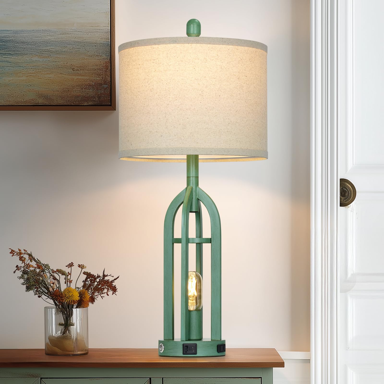 Cinyirong 27" Tall Coastal Lamp, Retro Green Vintage USB Table Lamp, 3-Way Dimmable Touch Control, Metal for Bedroom, Nightstand