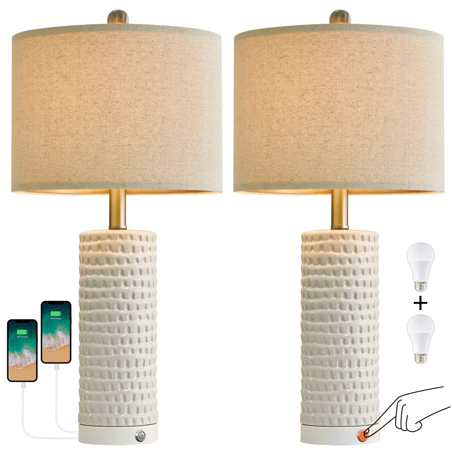 Portres 24’’ Farmhouse 3-Way Dimmable Touch Ceramic Table Lamp Set Of 2 For Bedroom White Bedside Lamps With 2 Usb Charging Ports For Living Room Nightstand Lamp End Table Lamps(2 Bulbs Included)
