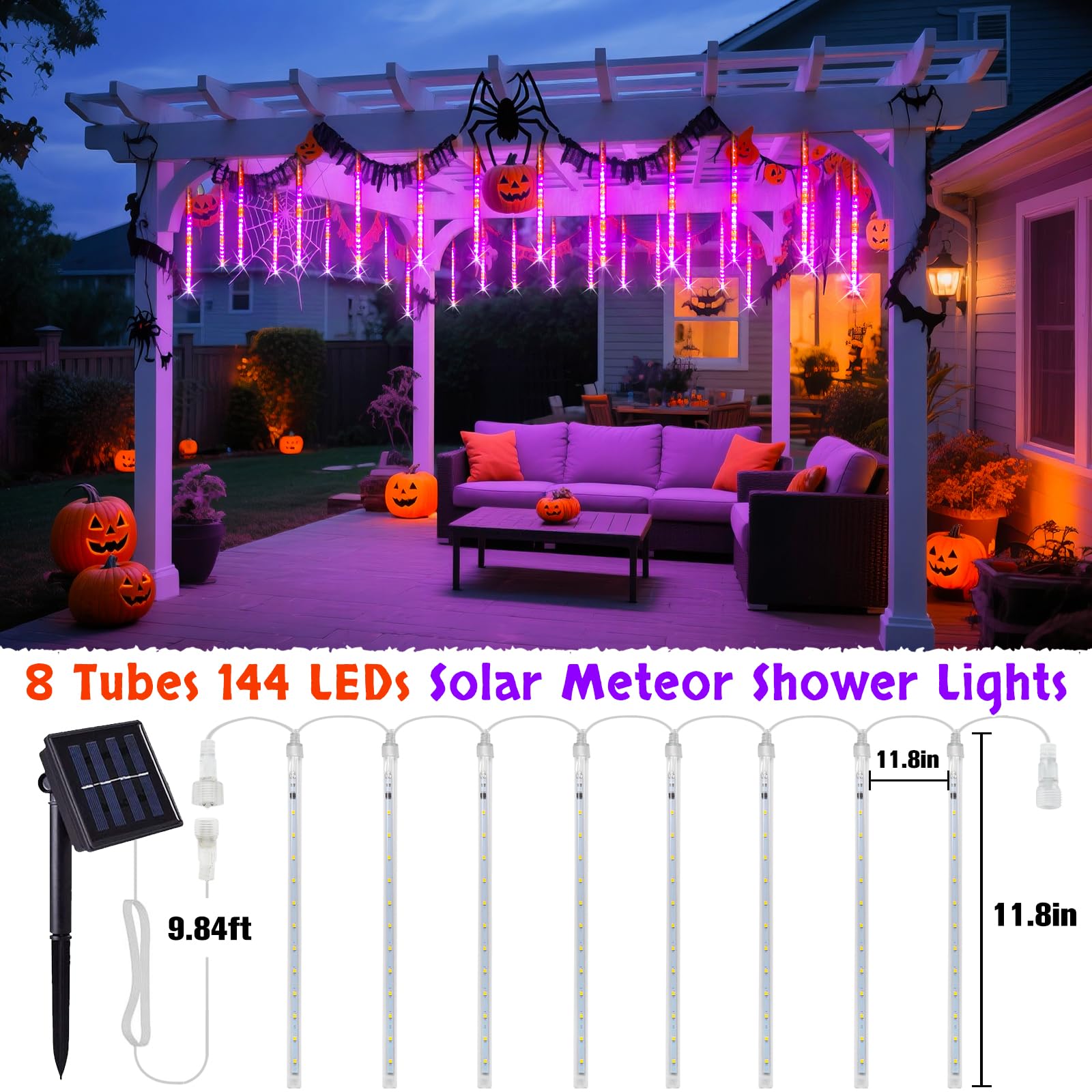 JMEXSUSS Solar Meteor Shower Lights - 8 Tube, 144 LEDs, Orange & Purple, PVC for Halloween & Christmas Outdoor Decoration