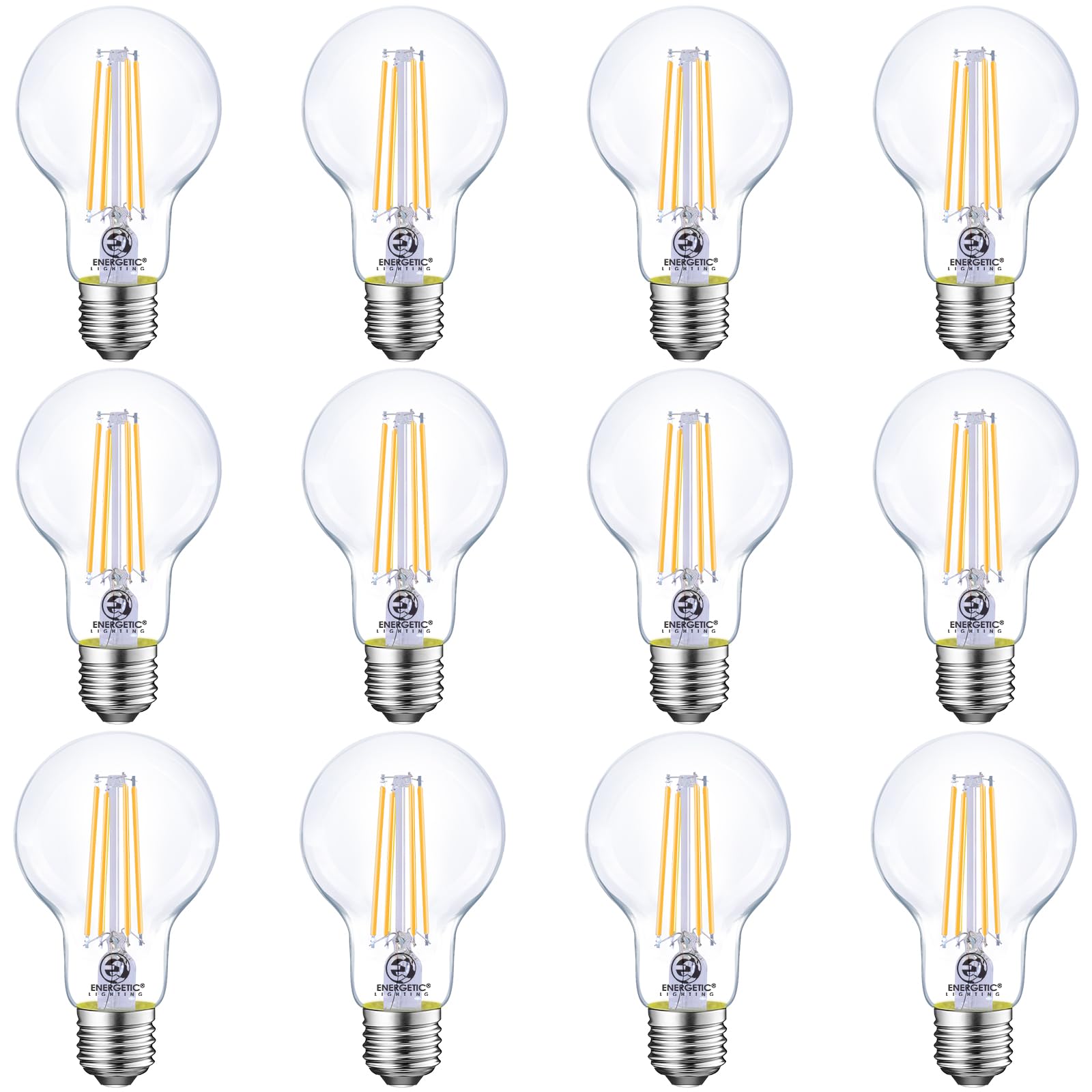 E ENERGETIC LIGHTING Dimmable LED Filament Bulbs, 8W (60W Equiv.), Warm White 3000K, A19, Clear Glass, 12 Pack