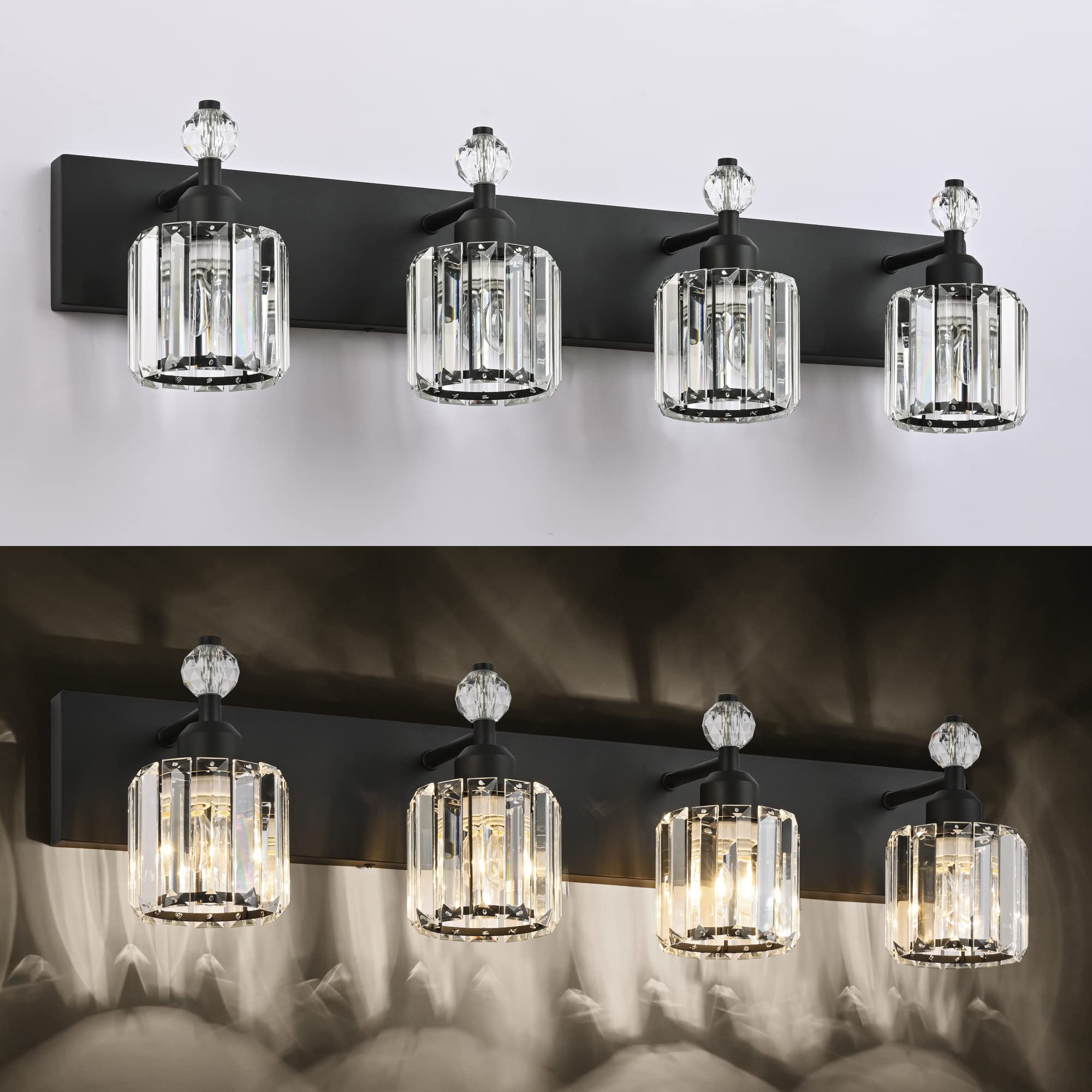 PRESDE Modern Crystal Vanity Light - 4-Light Bath Fixture, Matte Black, Metal Design for Bathroom Over Mirror Lighting