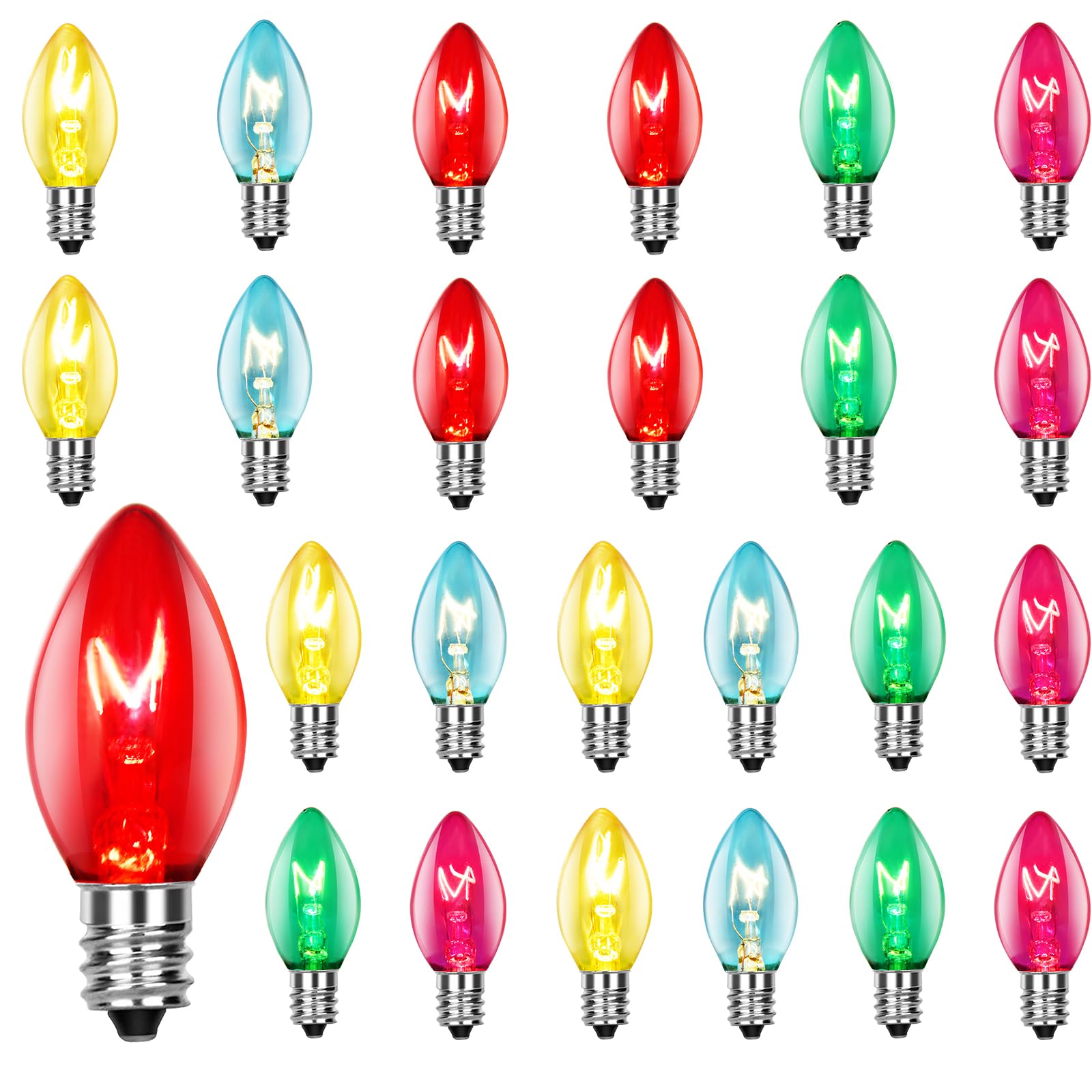 Xingzd 25 Pack C7 Christmas Light Bulbs  Multicolor Clear Vintage Replacement Bulbs  E12 Candelabra Base  5W Colorful Glass For Outdoor String Lights Xmas Tree Patio Wedding Holiday Party Decor