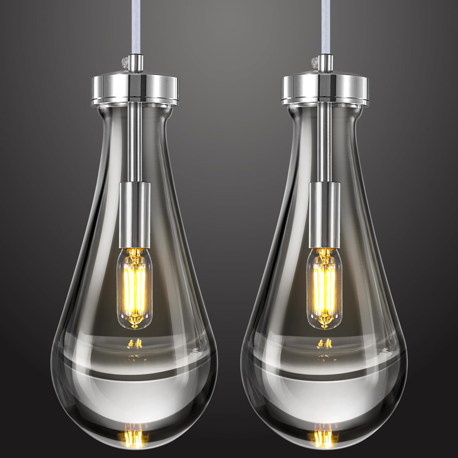 LIANGMH Raindrop Pendant Lights Kitchen Island Set of 2 Teardrop Chrome Hanging Light Fixtures Clear Solid Glass Pendant Light M