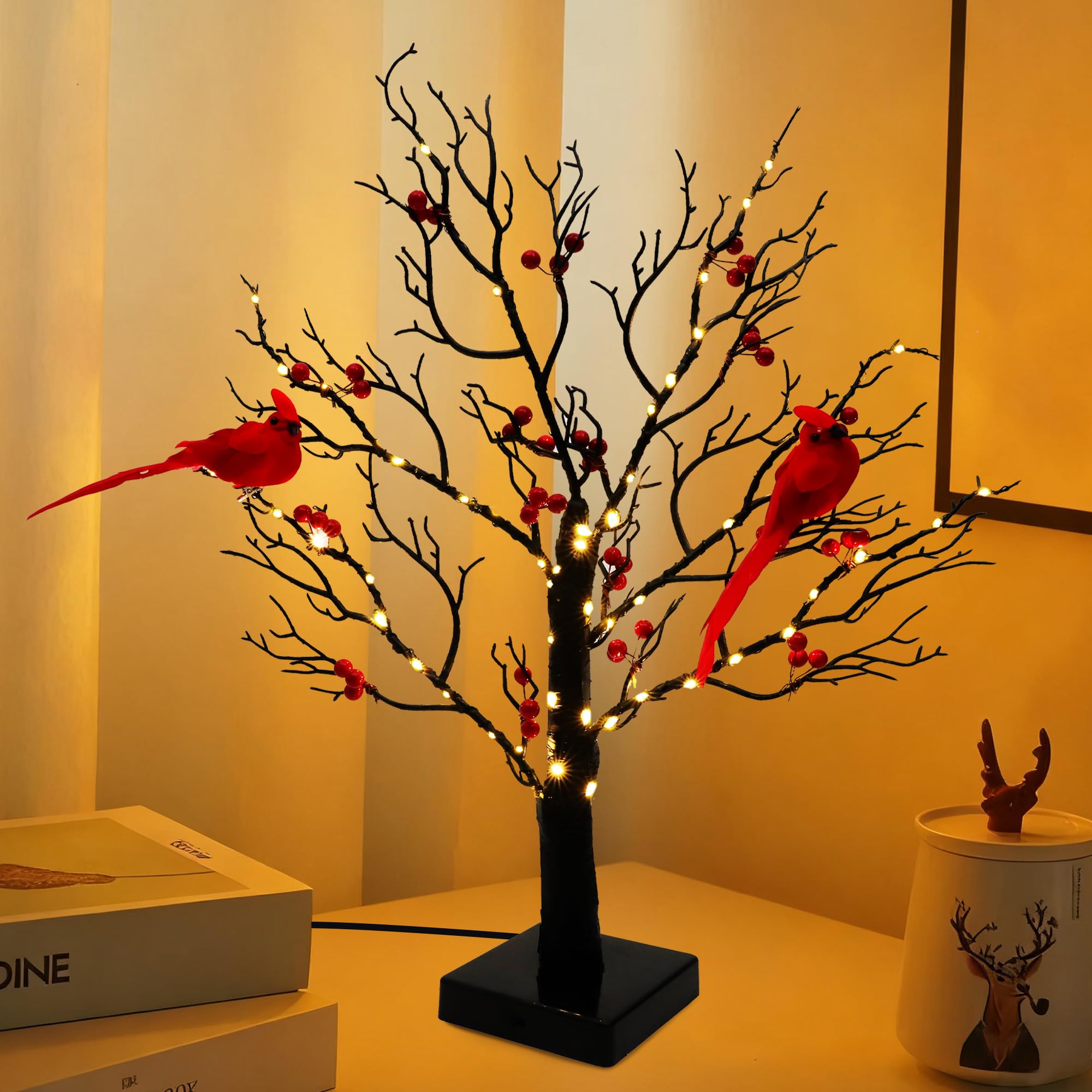 NKDFRI Vintage LED Glowing Tree, Battery Operated, 6in, Black, Copper Wire & ABS, Model Vintage-0685, with Cardinals & Red Berries