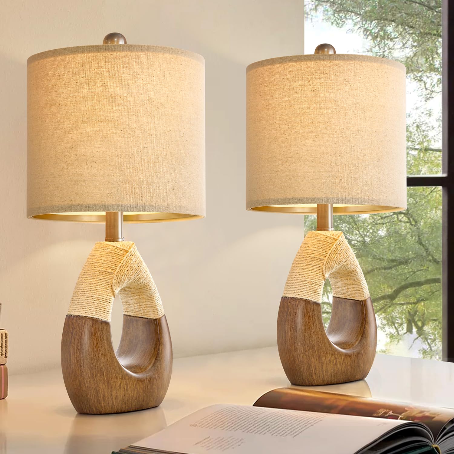 OYEARS Boho Table Lamps Set of 2, 19" Rustic Egg Design, Brown Rattan, Ideal for Small Spaces, Nightstand Bedside Lighting, Model AMZ-T1085WO