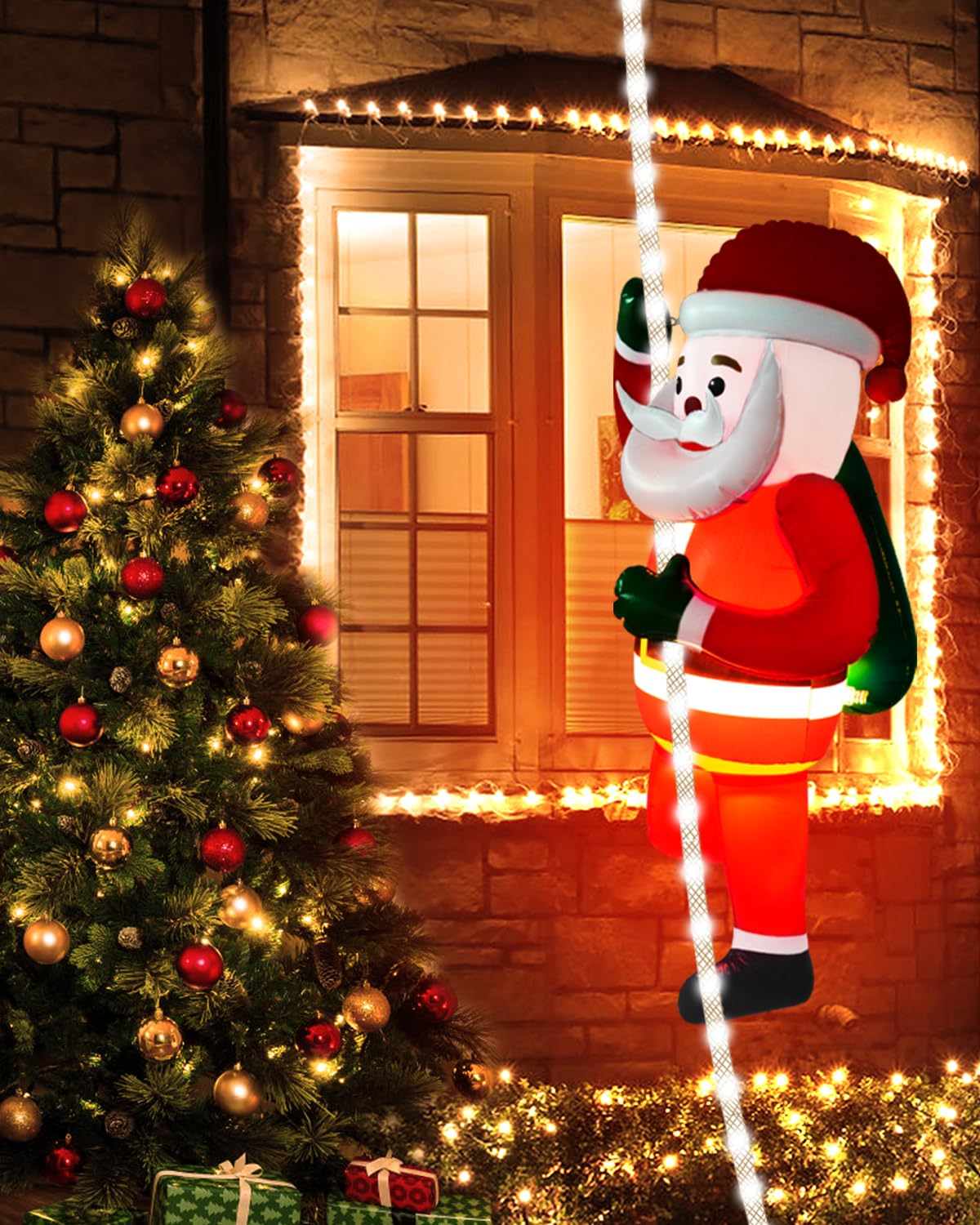 Baung Christmas Inflatables Decorations Outdoor 9.8ft LED Xmas String Light with 2.7ft Luminous Santa Claus,LED Rope Hanging Lights Xmas Tree Decor for Window,Garden,Home,Indoor Decor Ornament Gifts