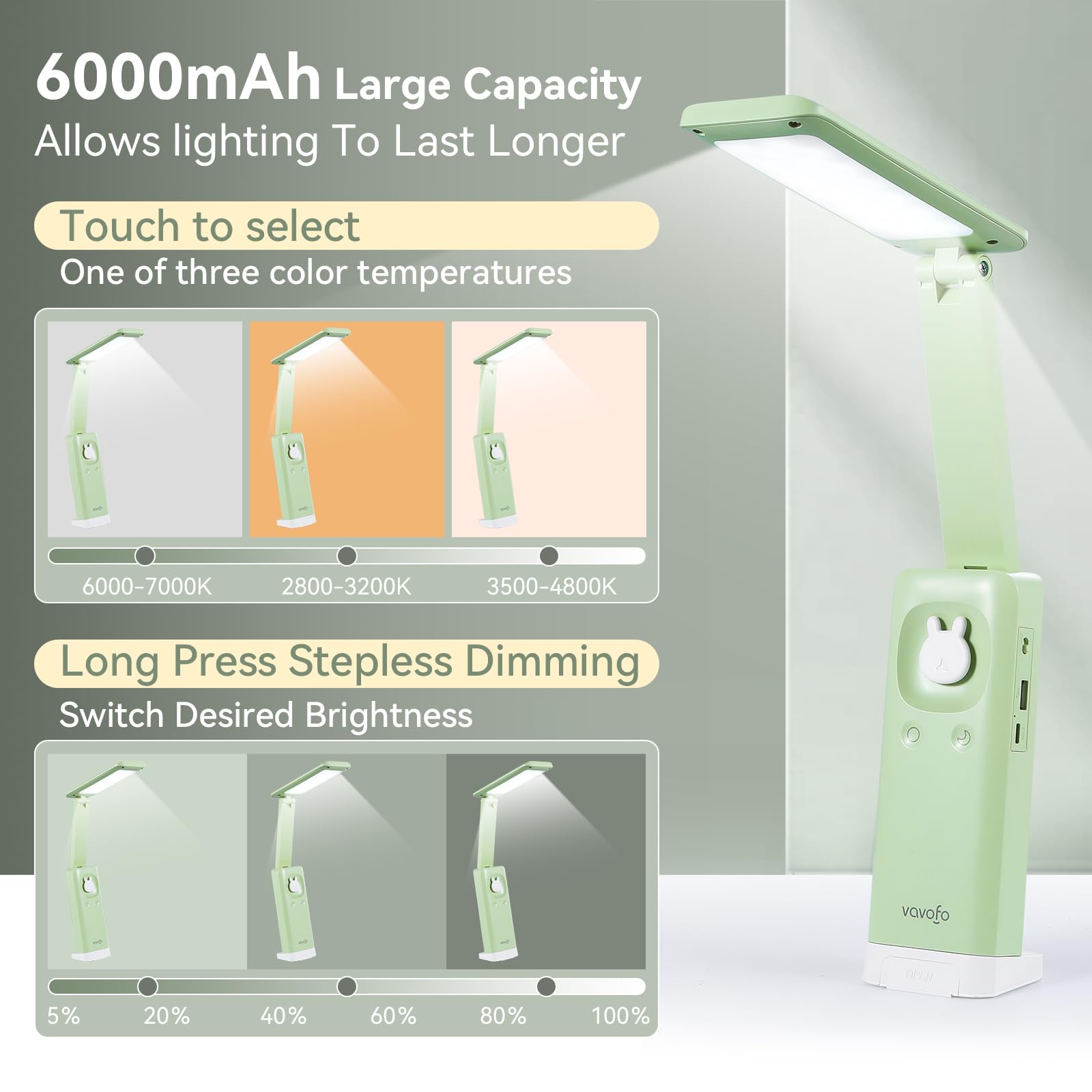 VAVOFO Cordless Desk Lamp - 6000mAh Battery, USB C Rechargeable, Foldable, 3 Color Temperatures, Green - Model KM-6779A
