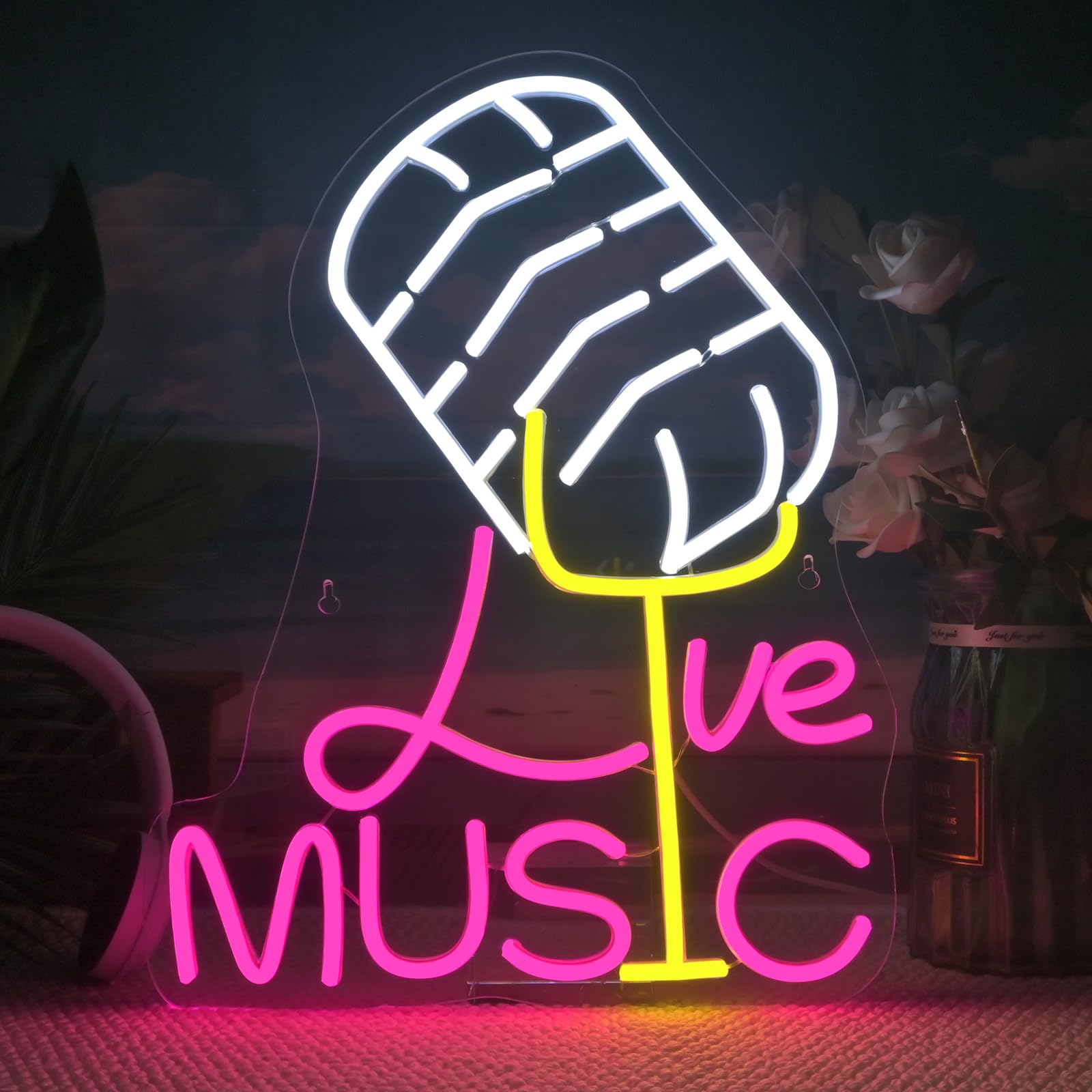 Looklight Neon Sign - On Air Microphone LED Wall Decor, 12.6in x 16.14in, Acrylic, Music Live