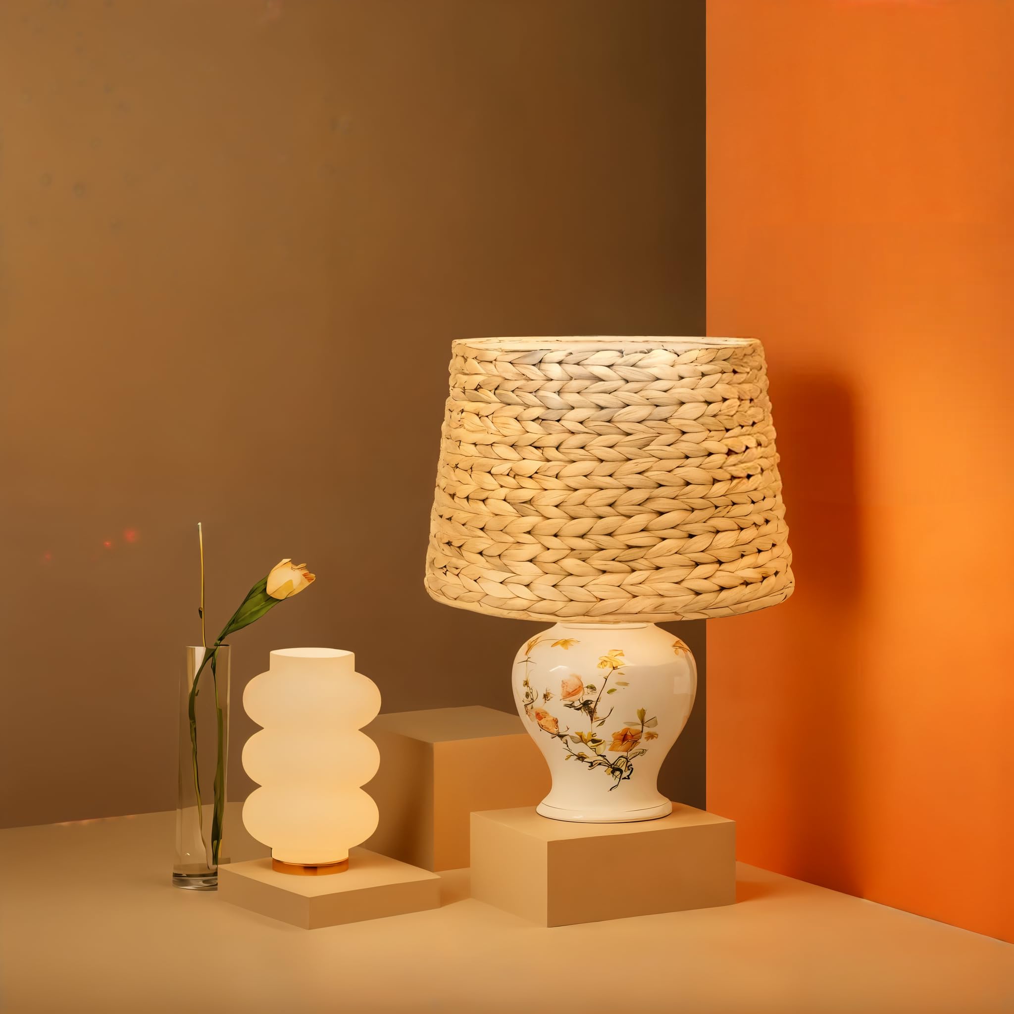 Farmhouse Water Hyacinth Drum Lamp Shades for Table Lamps, Wicker Pendant Light Shade Replacement, Rustic Light Fixture Cover, W