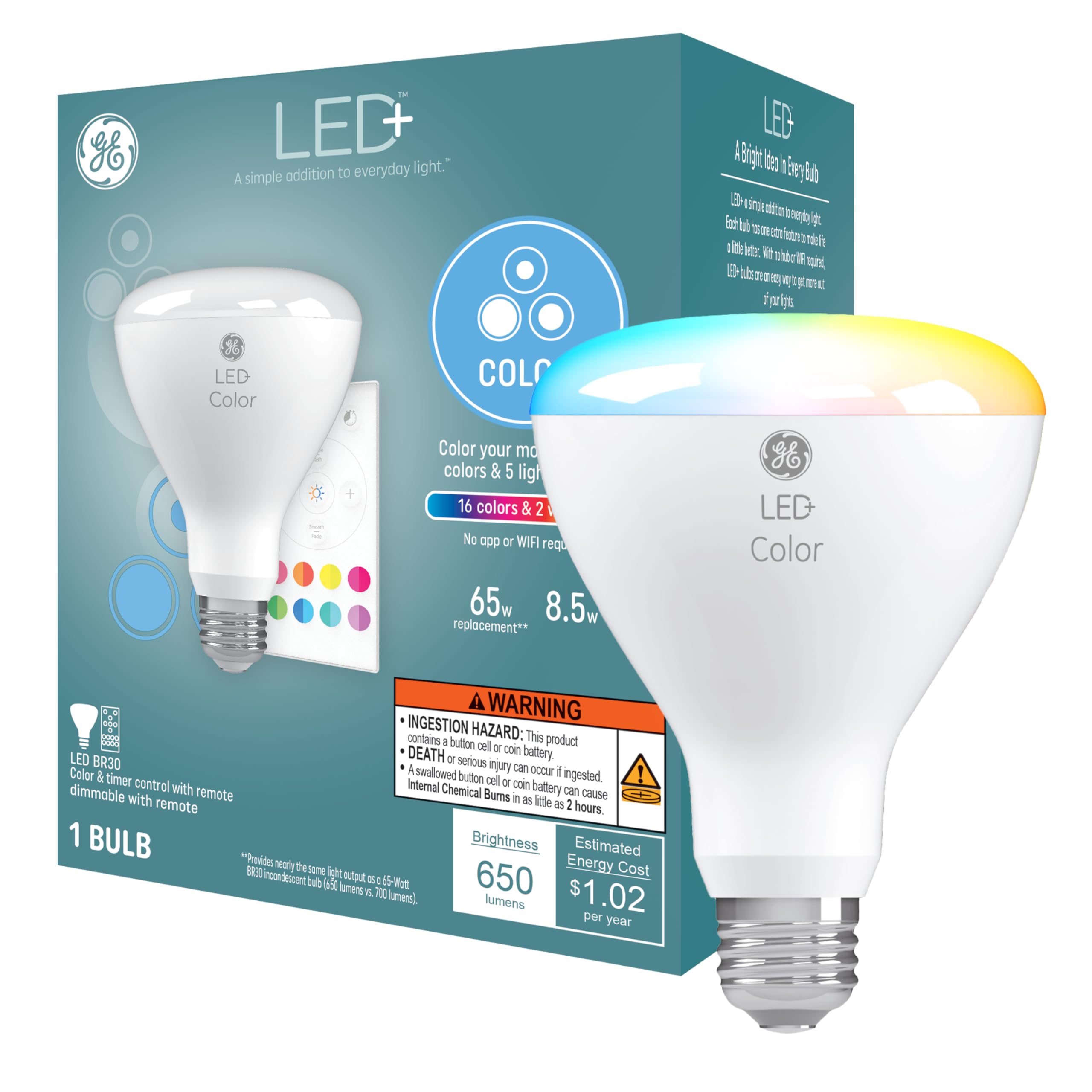 GE Lighting BR30 Indoor Floodlight Bulb, 18 Colors, 5 Light Modes, Remote Included, 1 Count, Model 93100286