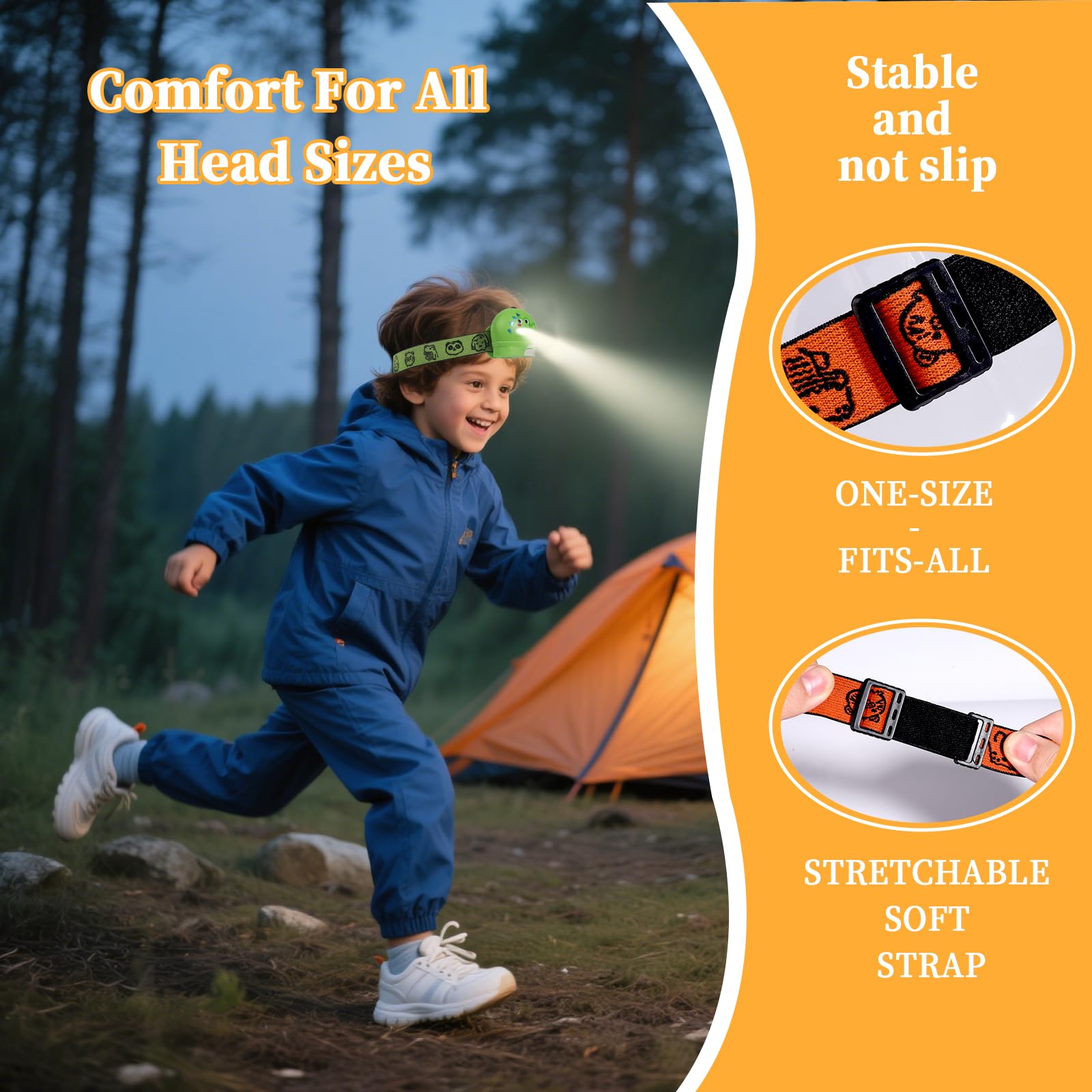KunHe 8 Pack LED Kids Headlamp - Adjustable Animal Design, Plastic, Model H4-8, Perfect for Camping & Christmas Gifts